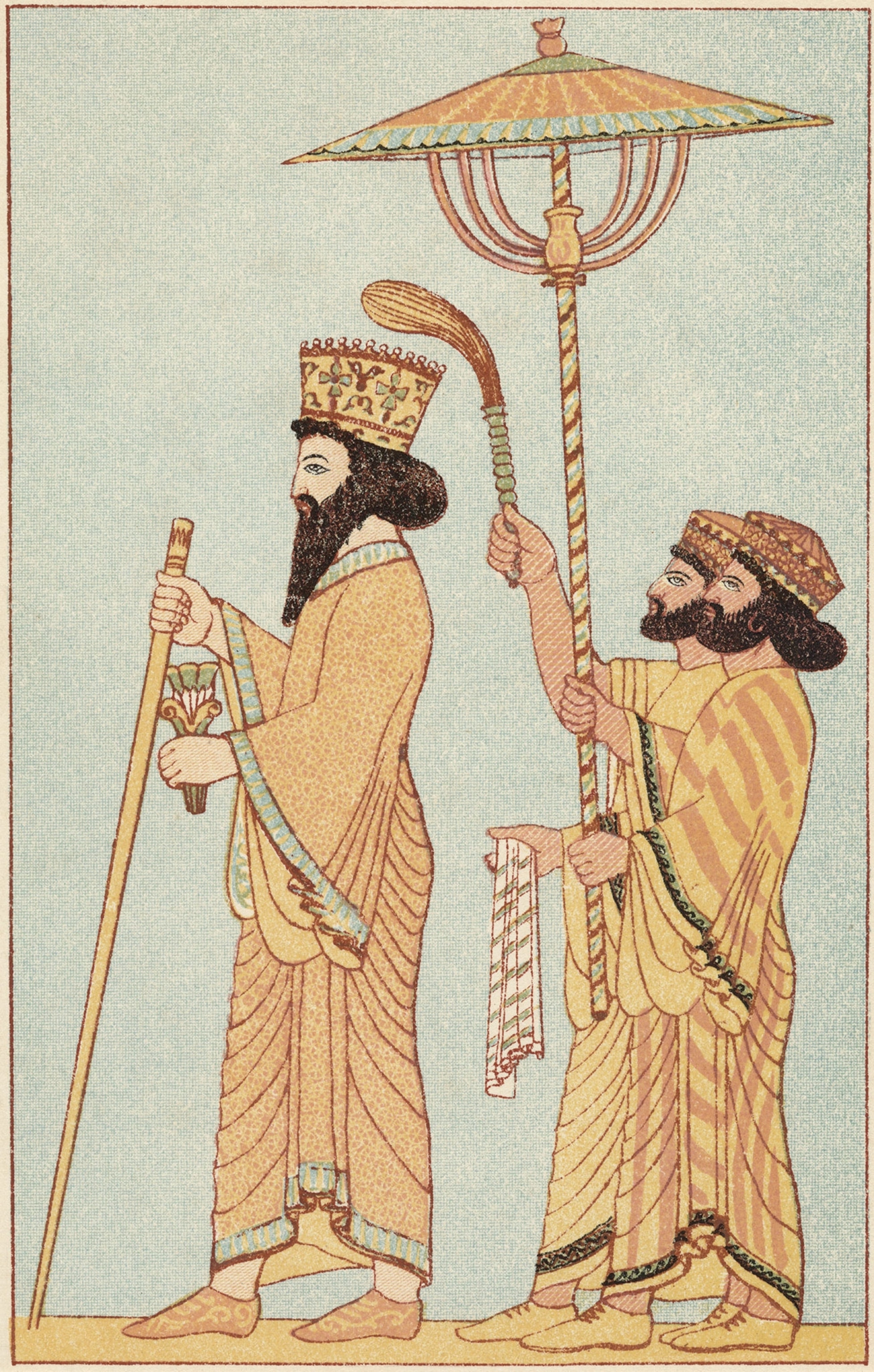A drawing of Darius I followed by two attendants who are fanning him