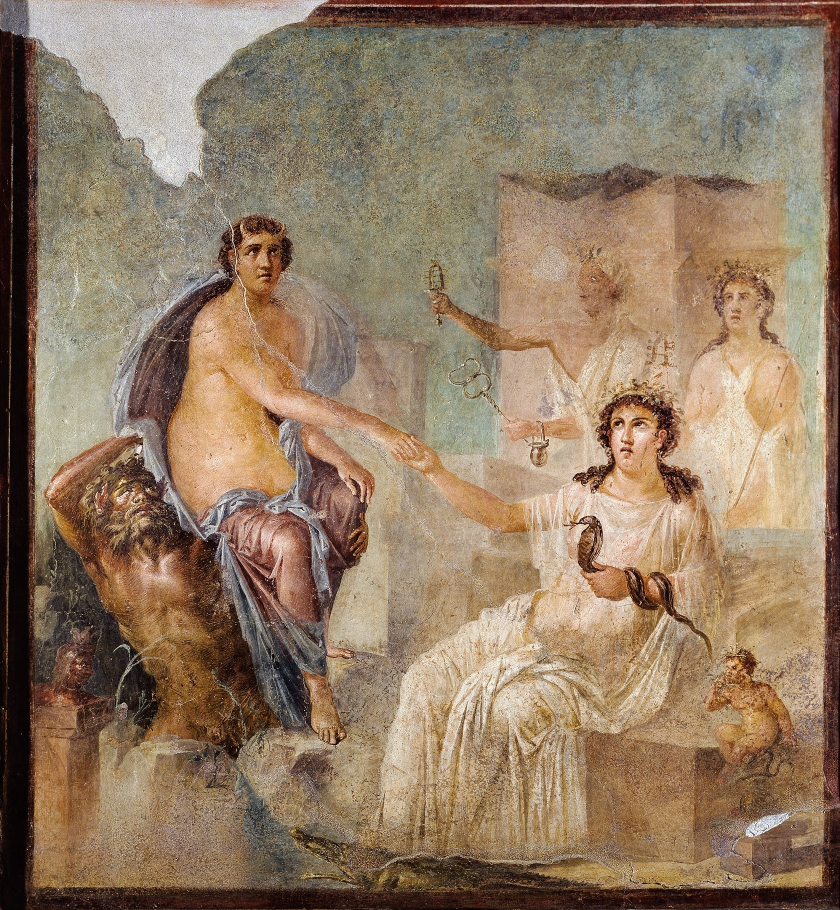 the goddess Isis with horns shaking hands with a white clad Greek goddess