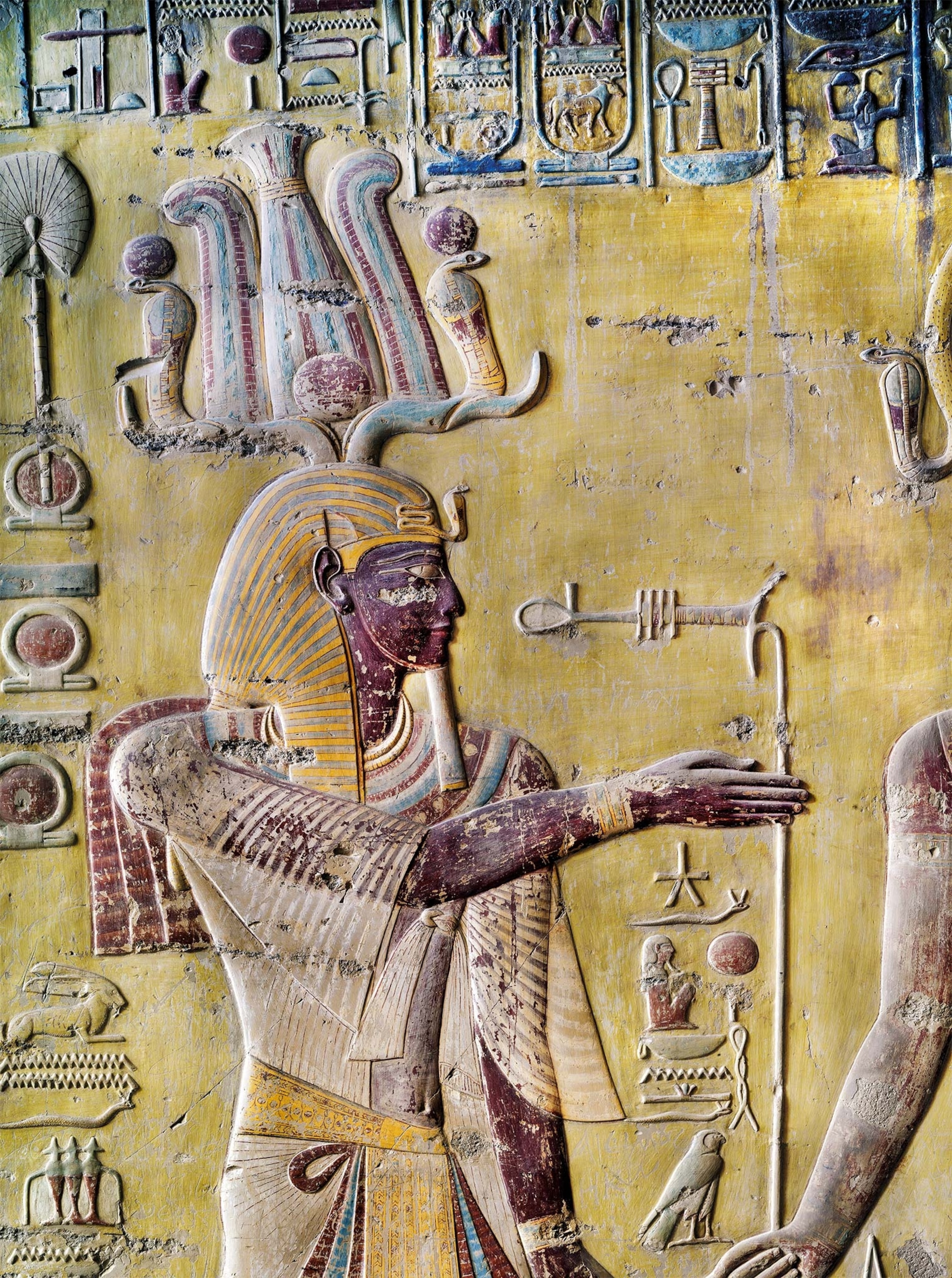 At around age 60, Merneptah, depicted on a relief in his tomb in the Valley of the Kings, succeeded Ramses II.