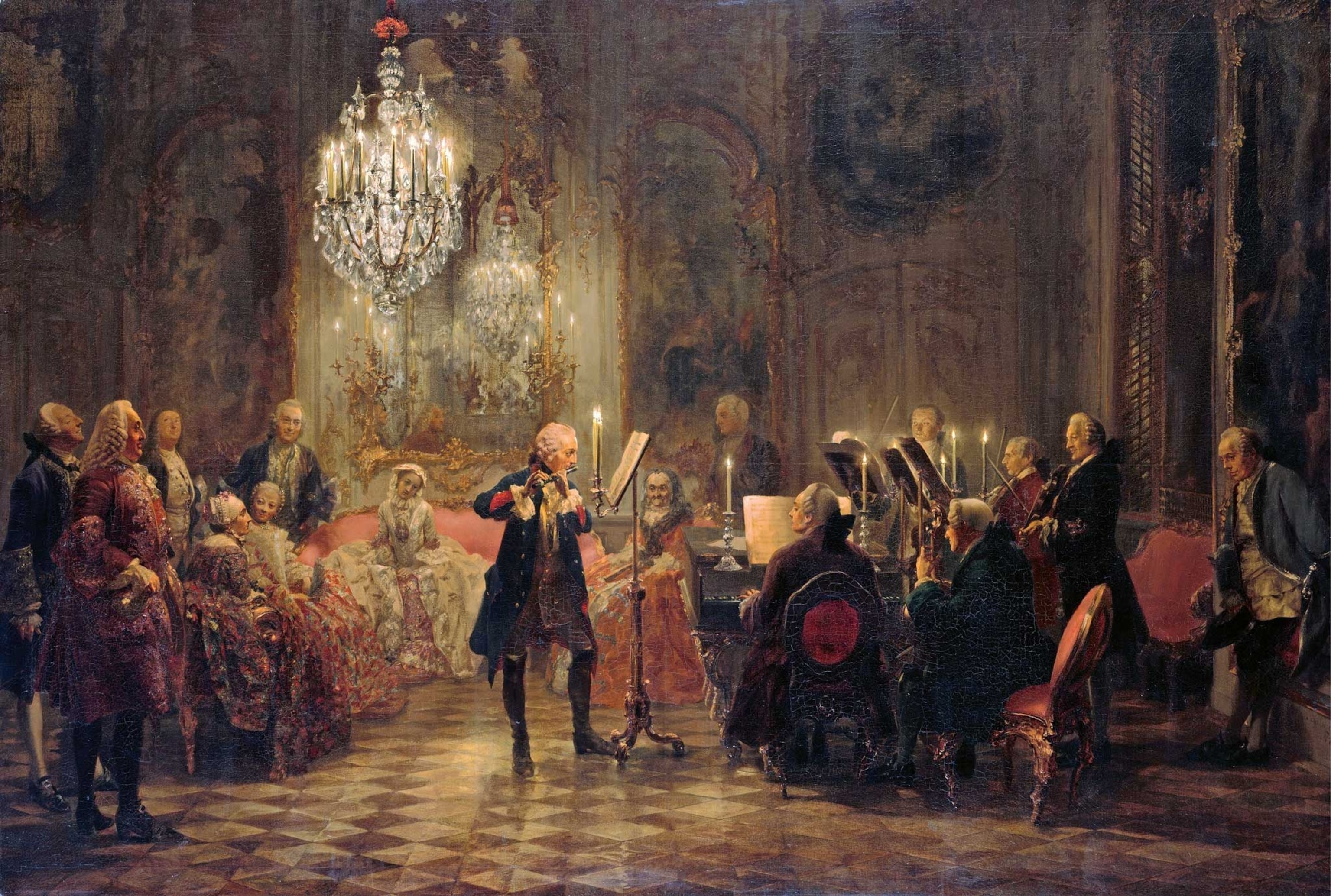 a painting of Frederick II playing the flute