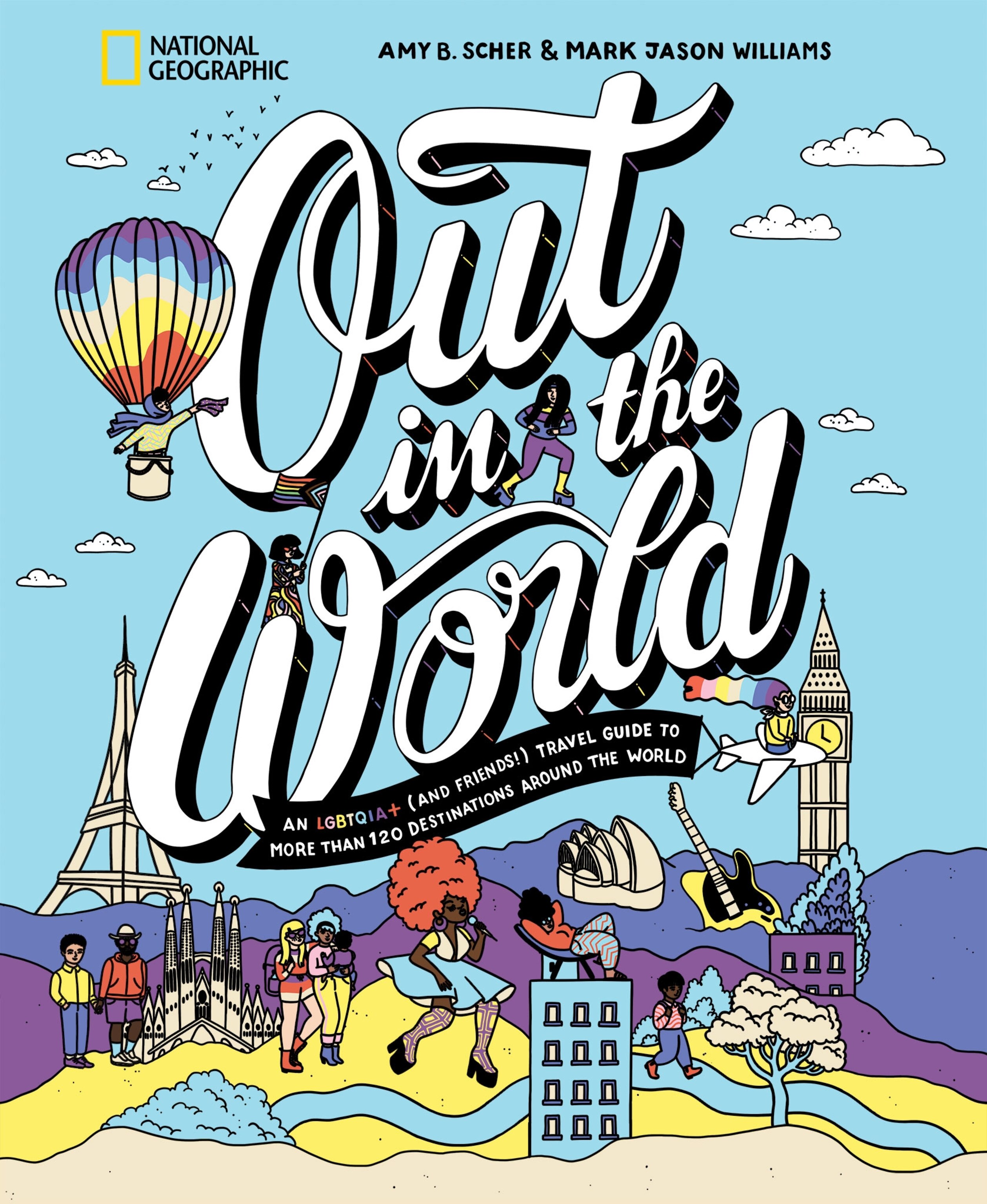 A book cover illustration with people and beaches and iconic buildings from around the world, a blue sky, and "Out in the World" printed across the front.
