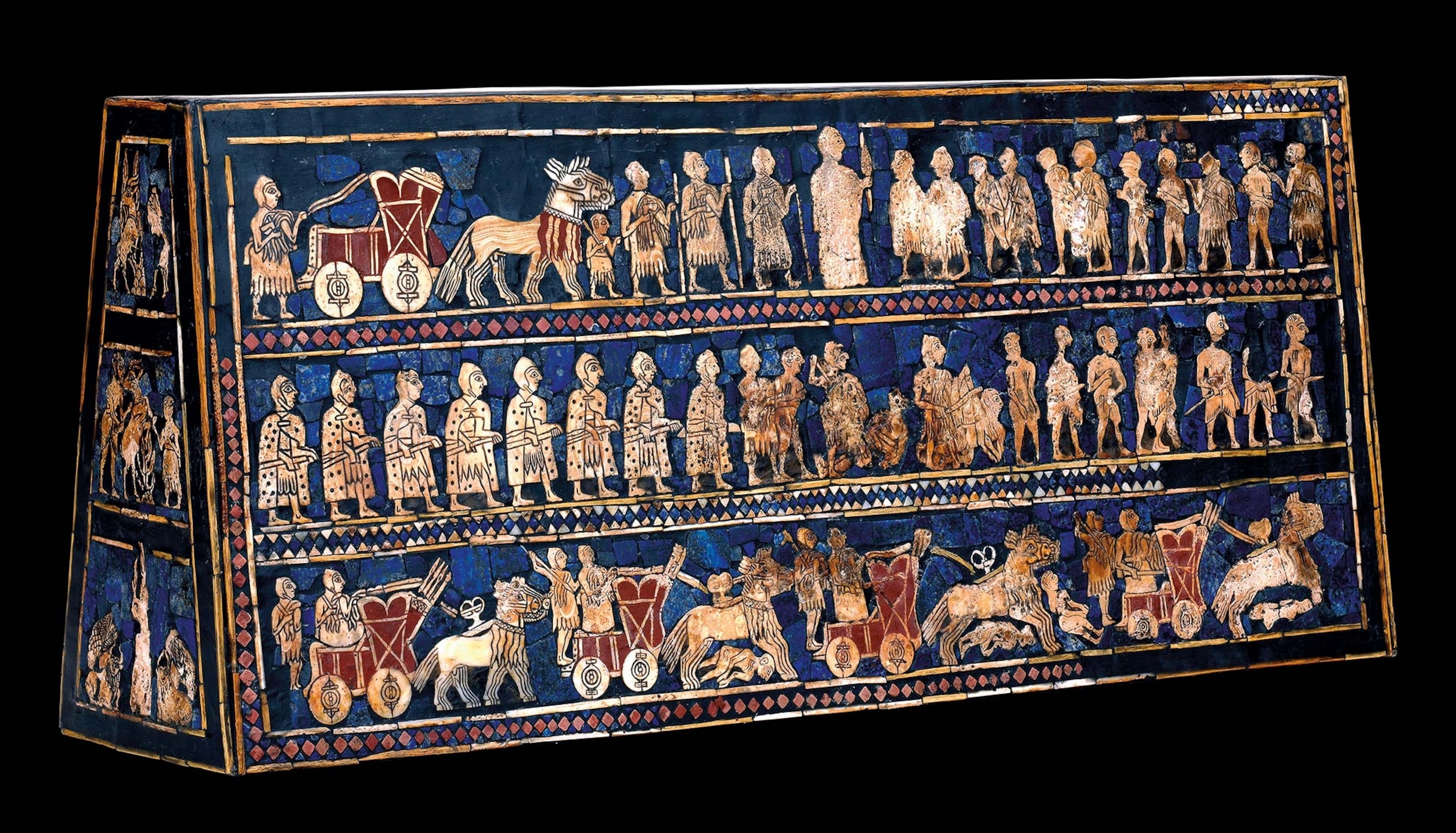 The standard of Ur (from circa 2550 B.C.), a box of inlaid mosaics of shell, red, limestone, and lapis lazuli, shows scene of victory, including a parade of chariots, warriors, and prisoners.