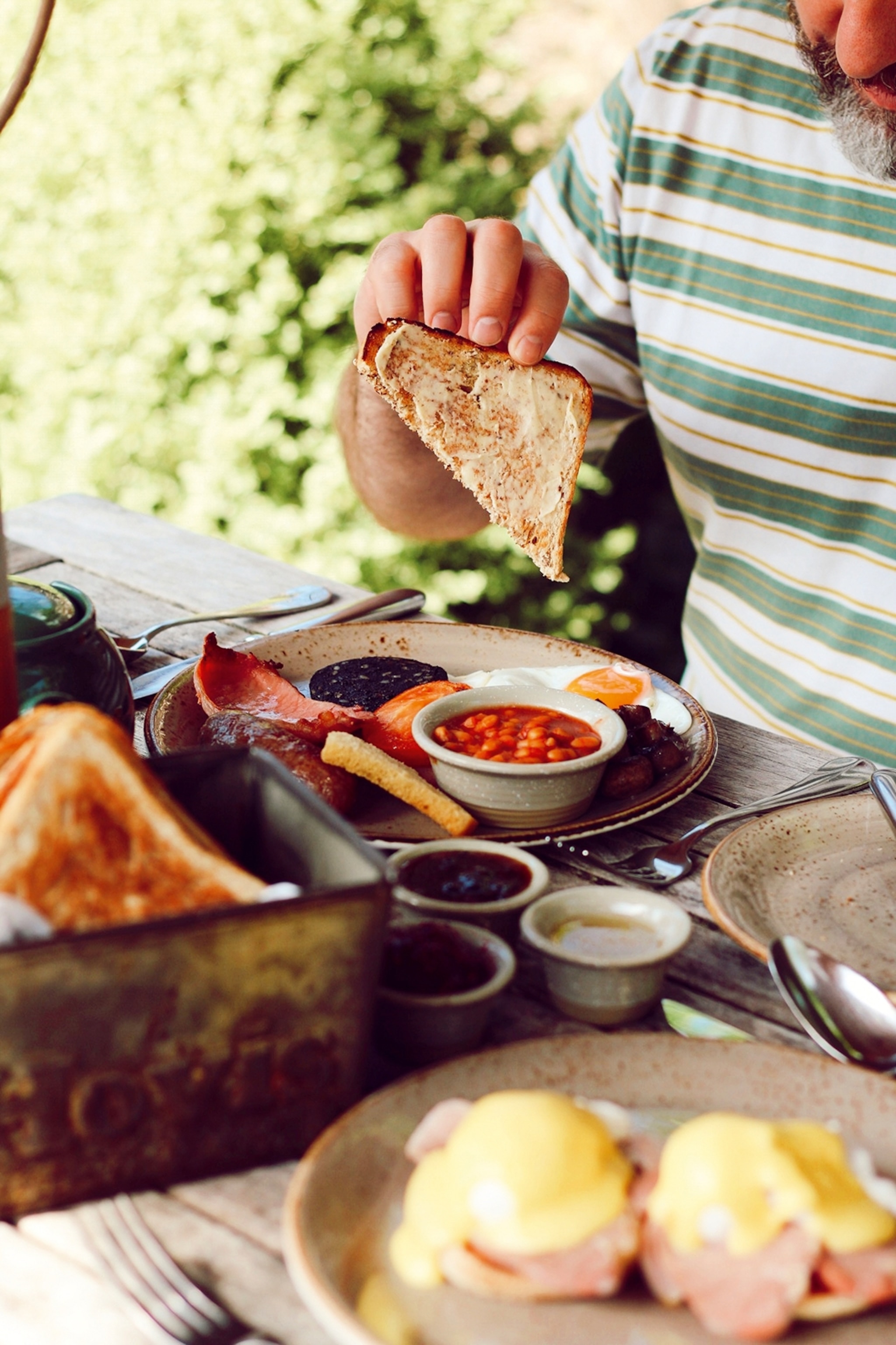 Full english breakfast served on a table