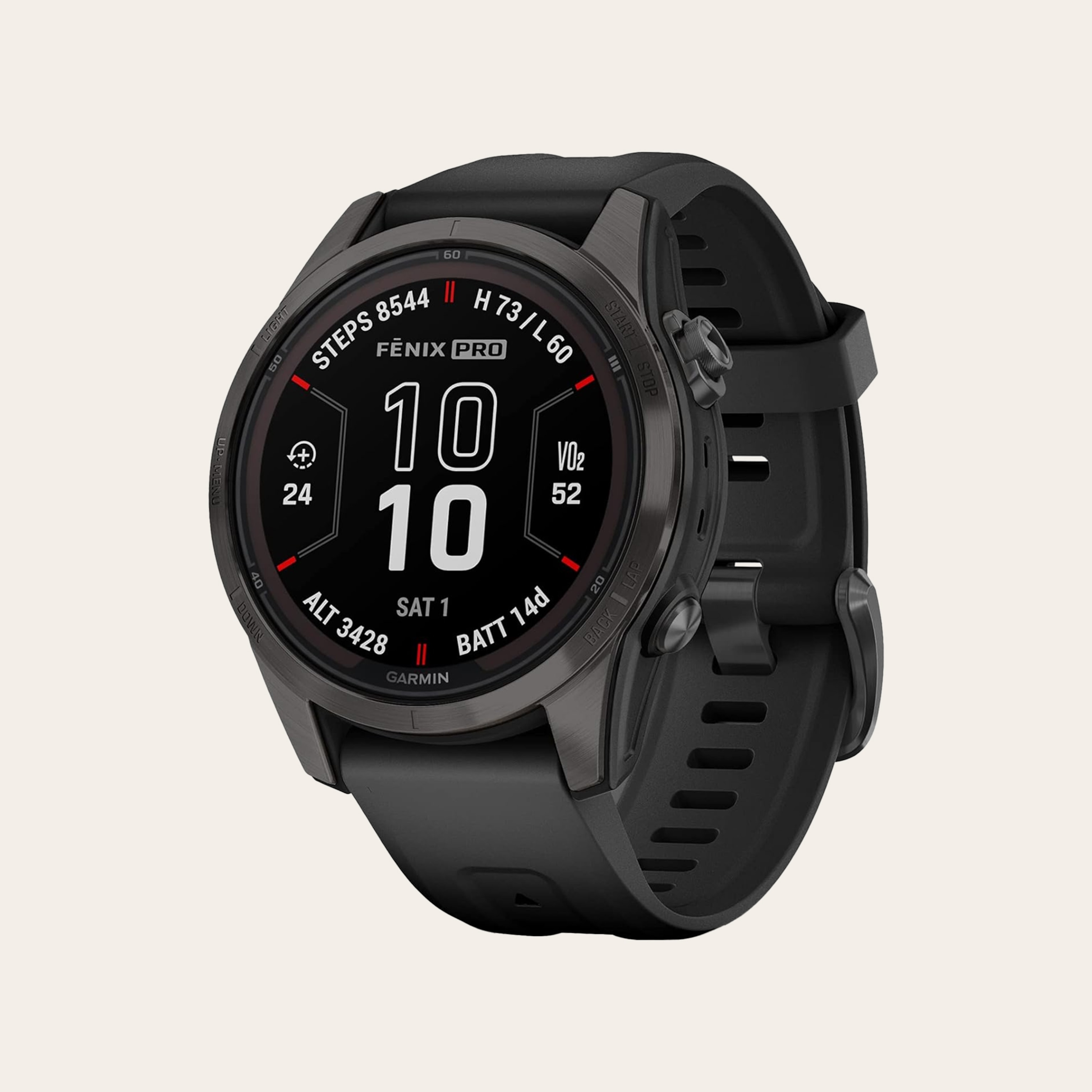 A black smartwatch with a round face and silicone band against a tan background.