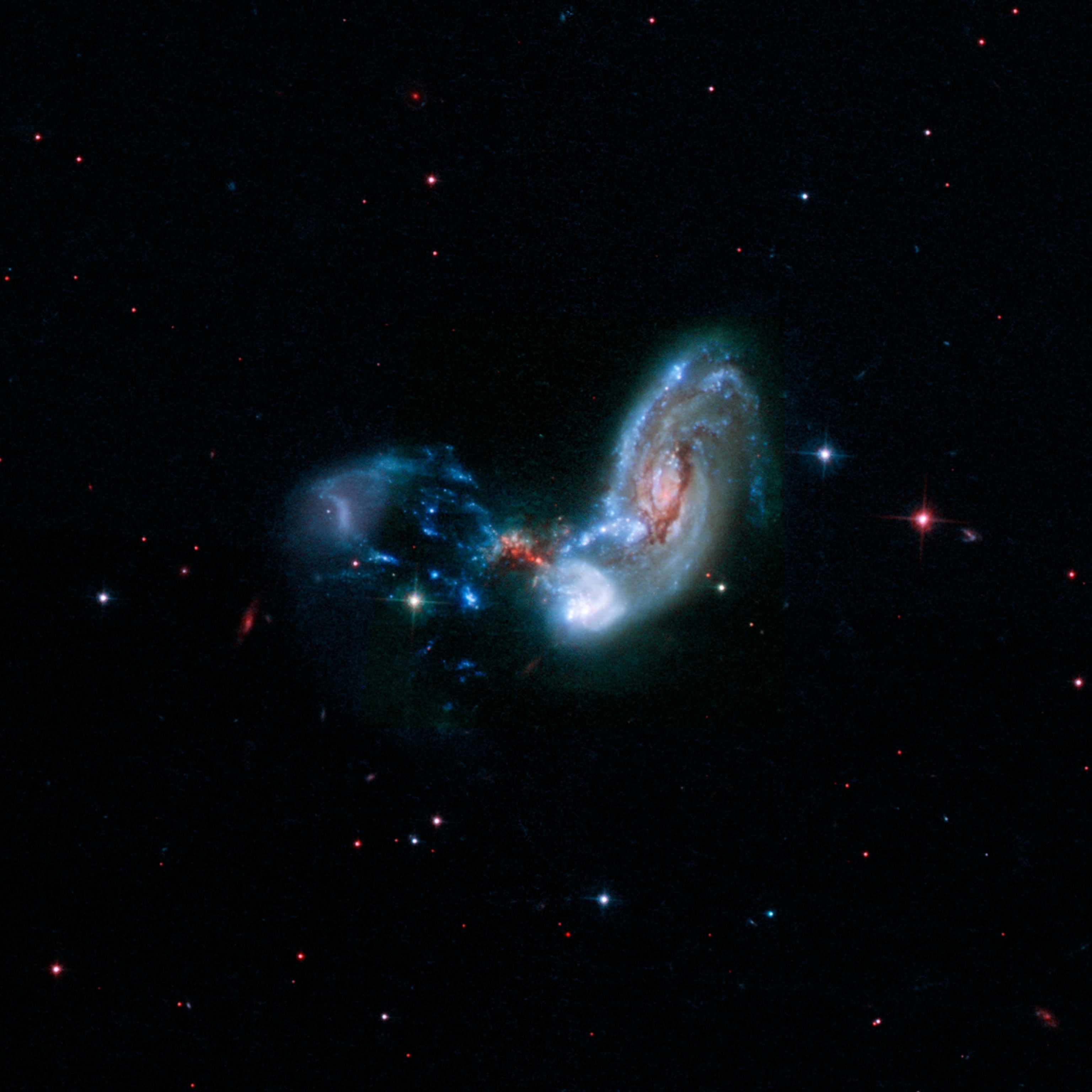 Merging galaxies, known as II Zw 096, the site of a spectacular burst of star formation hinted at in the red speckles near the middle of the image.
