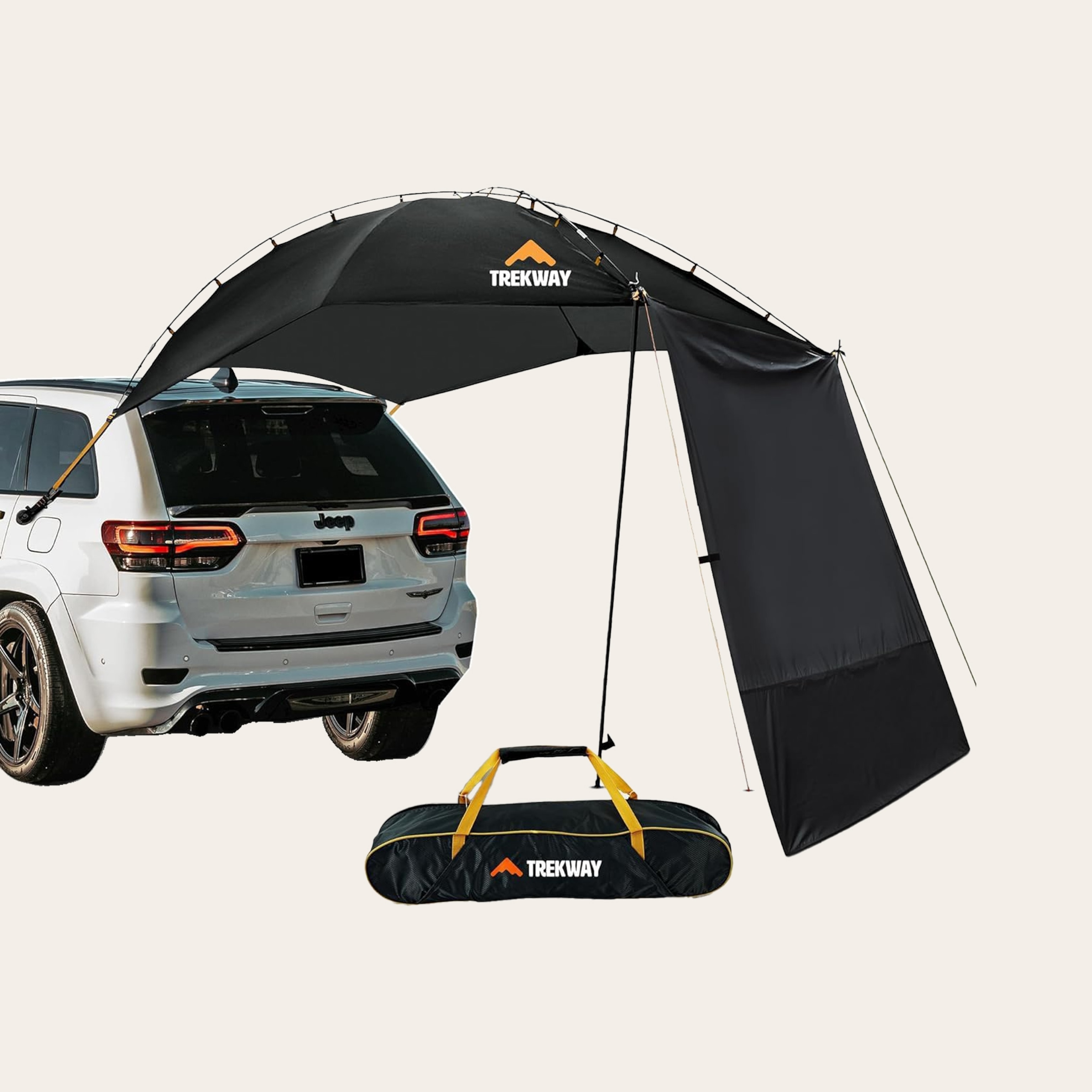 A Trekway shelter attached to the back of a car