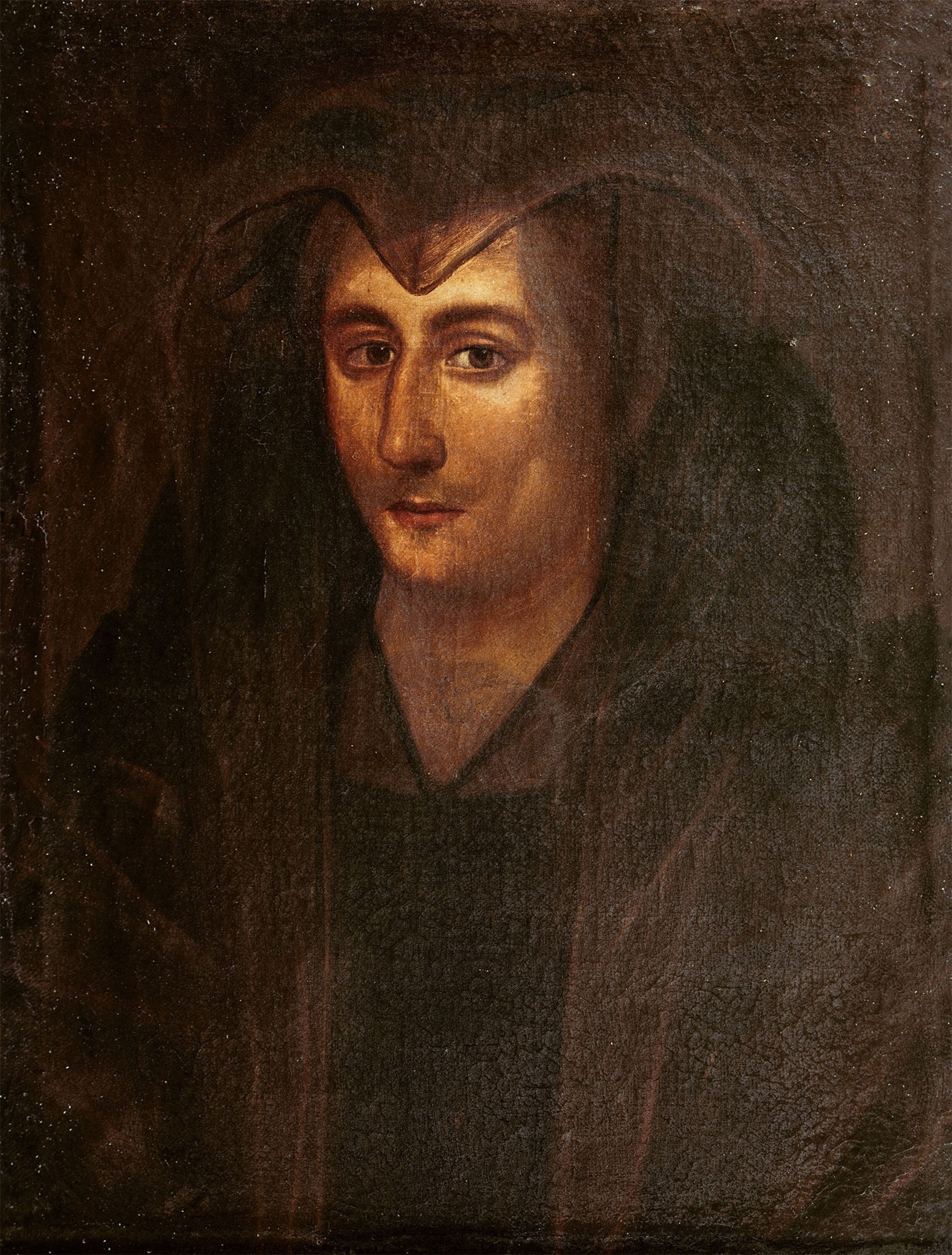 A dark painted portrait of a woman with a hood over her head