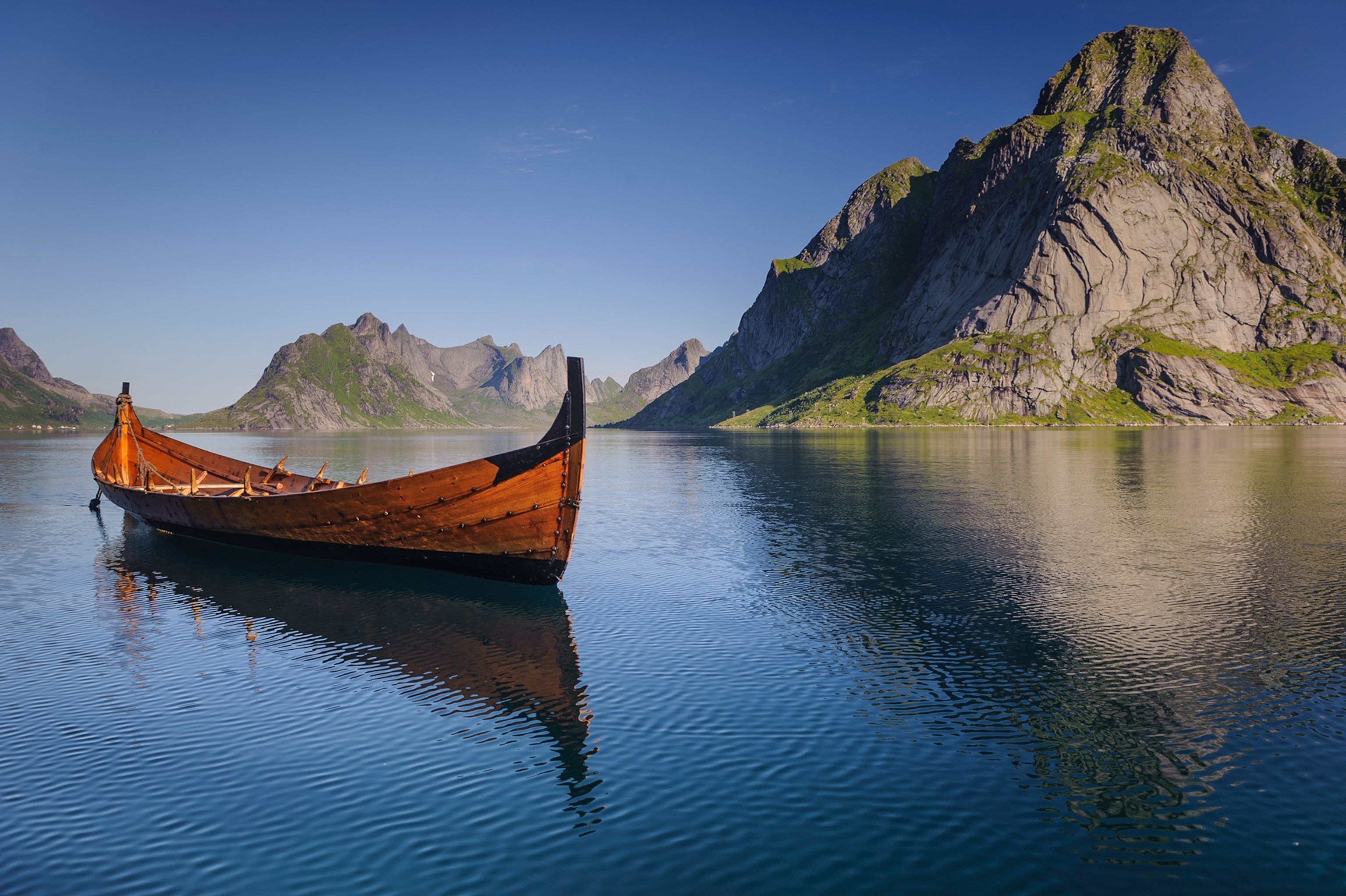 long Viking boat replica in a lake