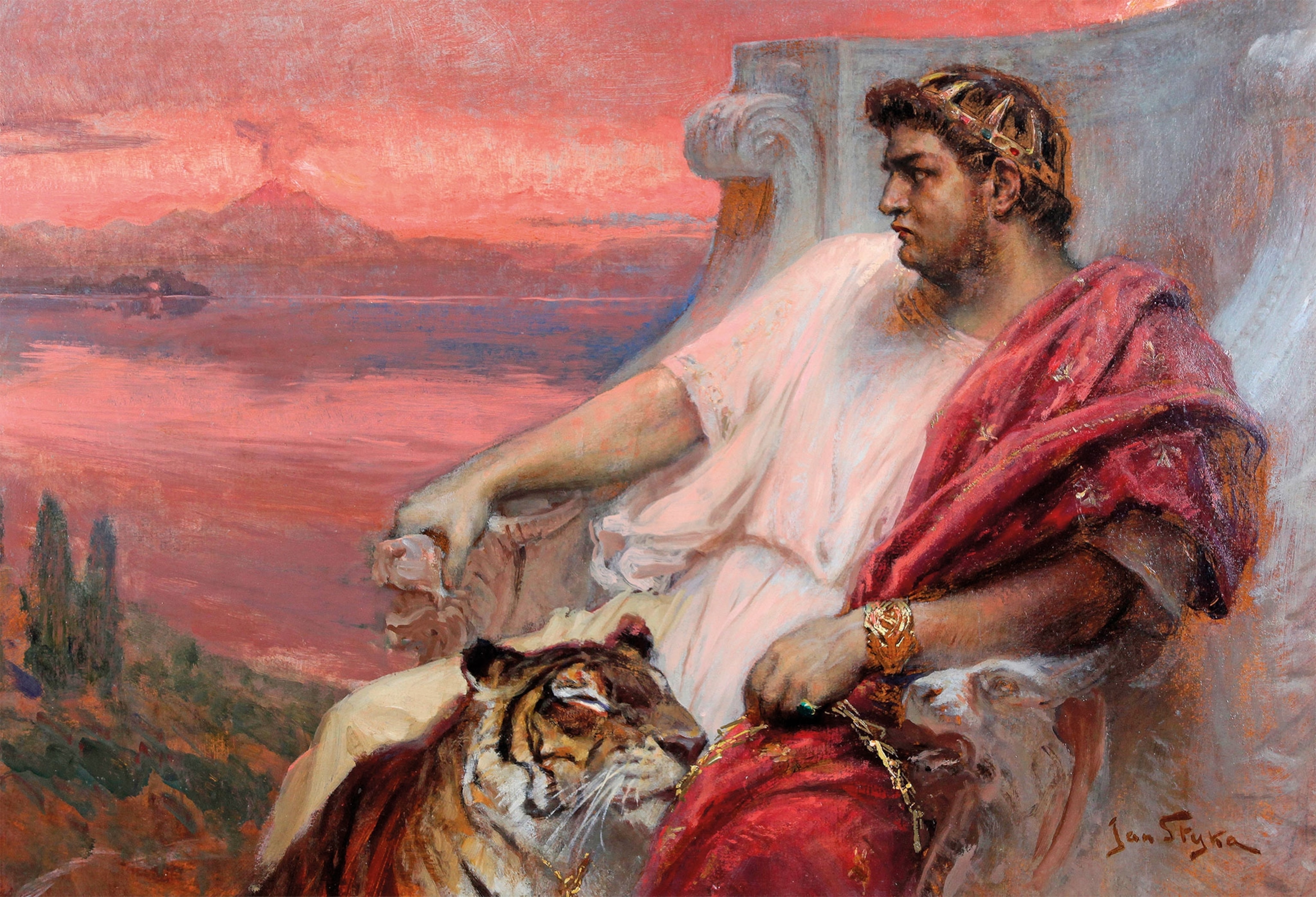 In a painting, Nero sits on a throne next to a tiger and stares over a Roman resort with a volcano smoking in the background