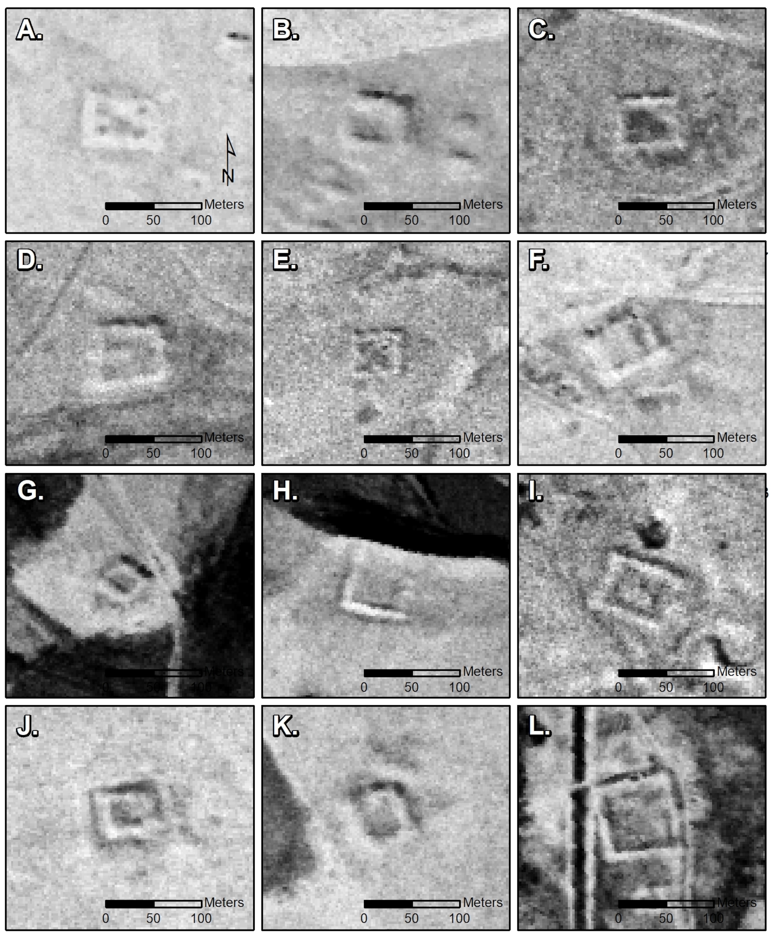 Squares fill each frame outlines of forts in black and white on a grid.