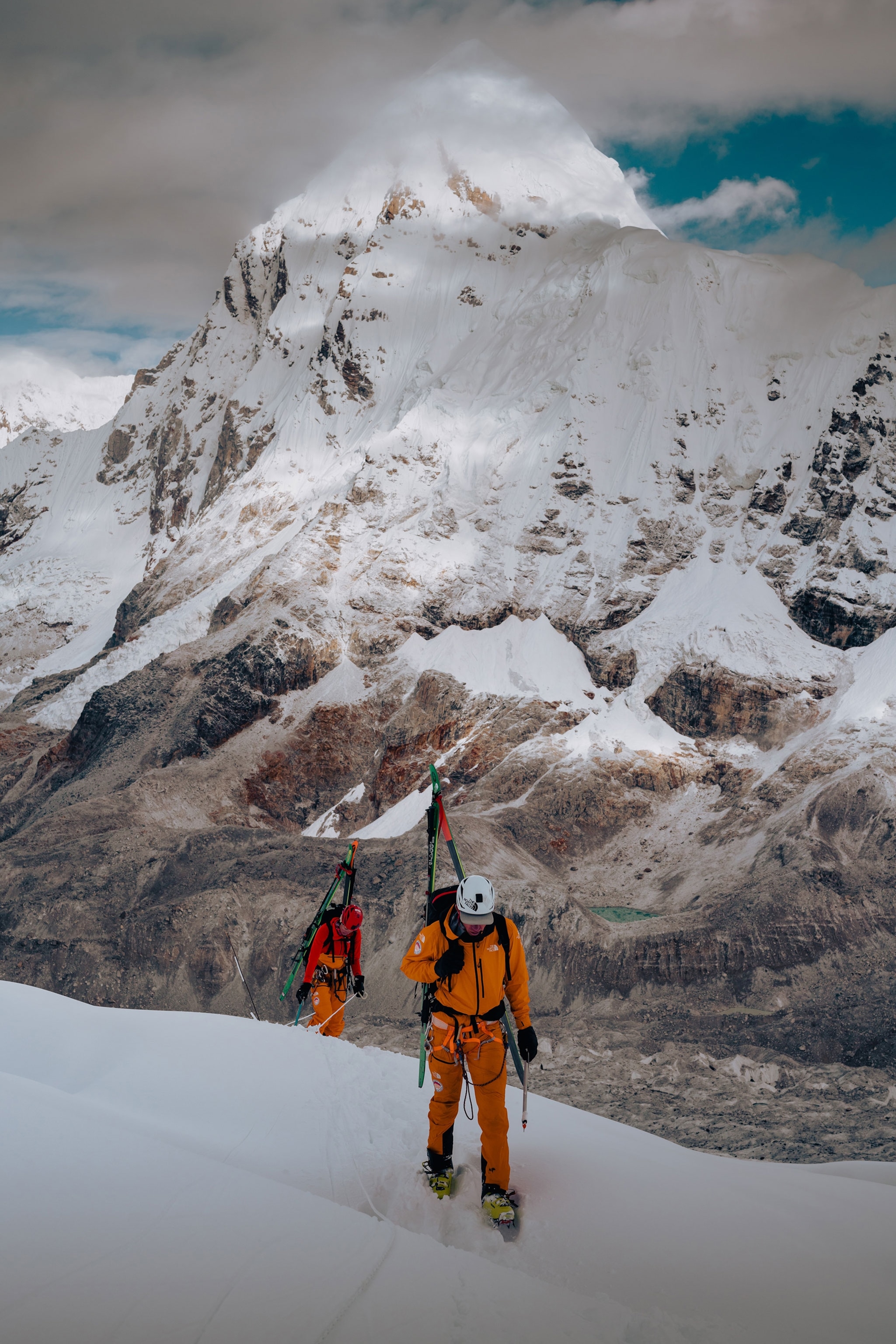 Hilaree Nelson and Jim Morrison climbing skiing down Lhotse in Nepal