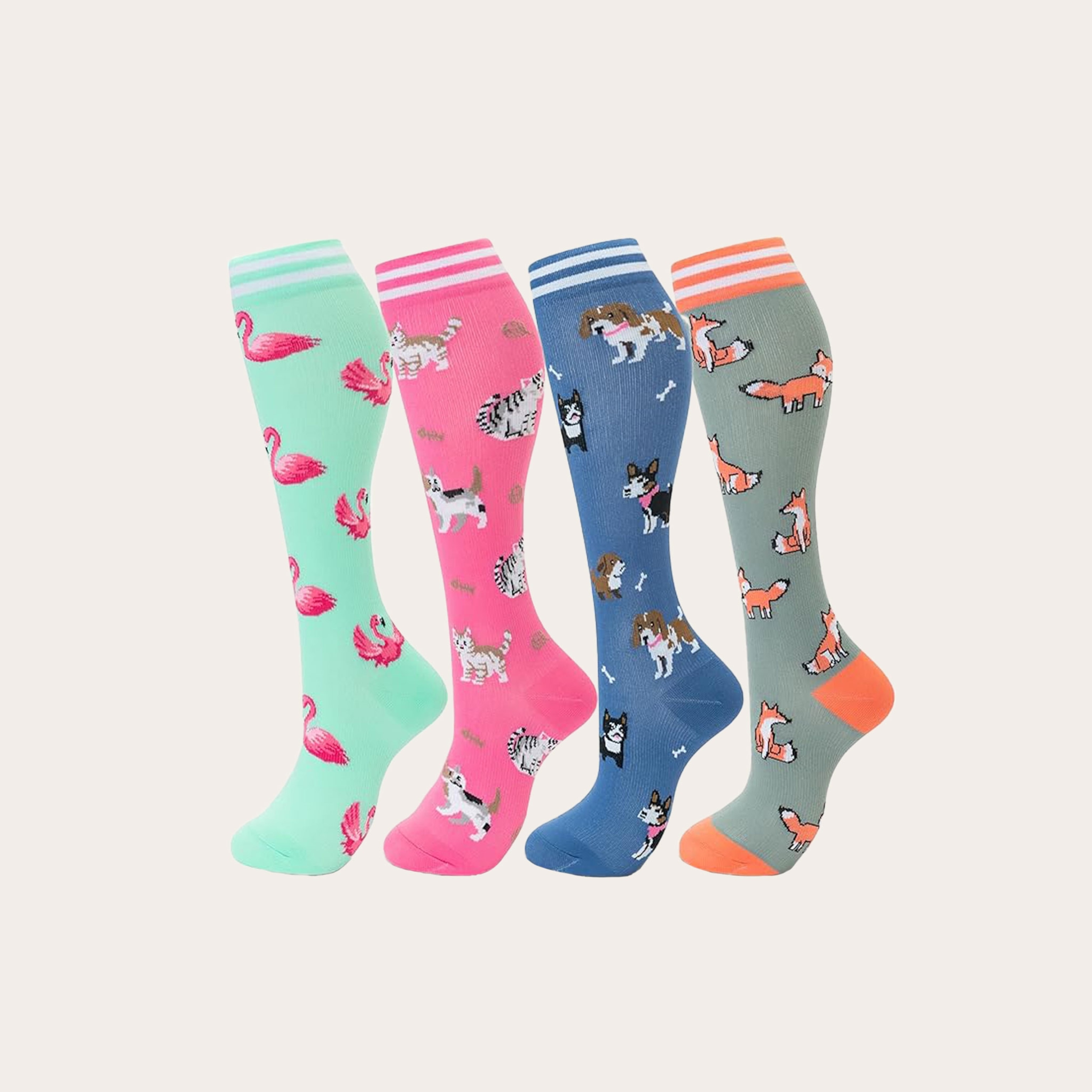 Knee high socks with various animal graphic illustrations
