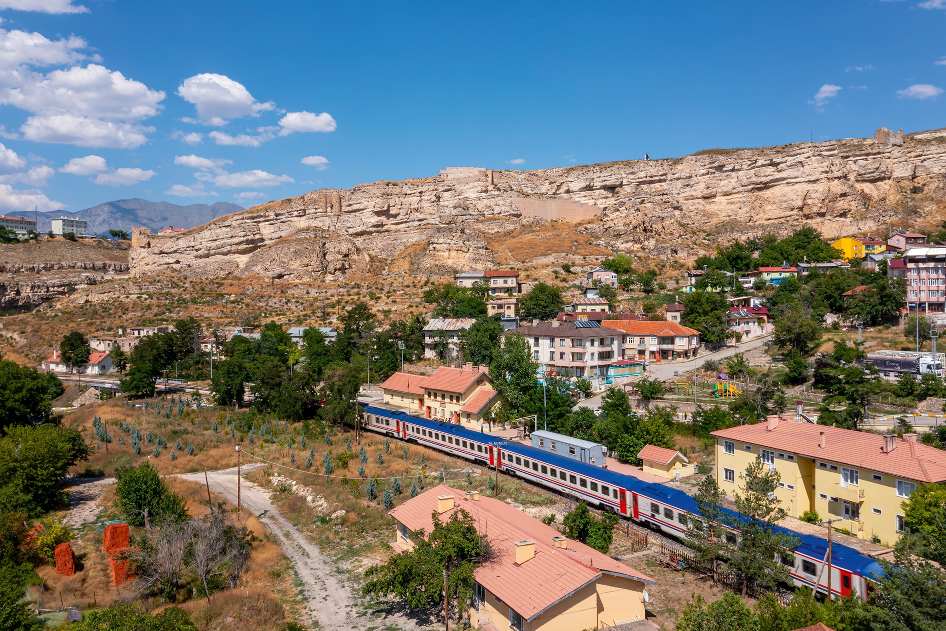 Train passing through a rural mountainside town