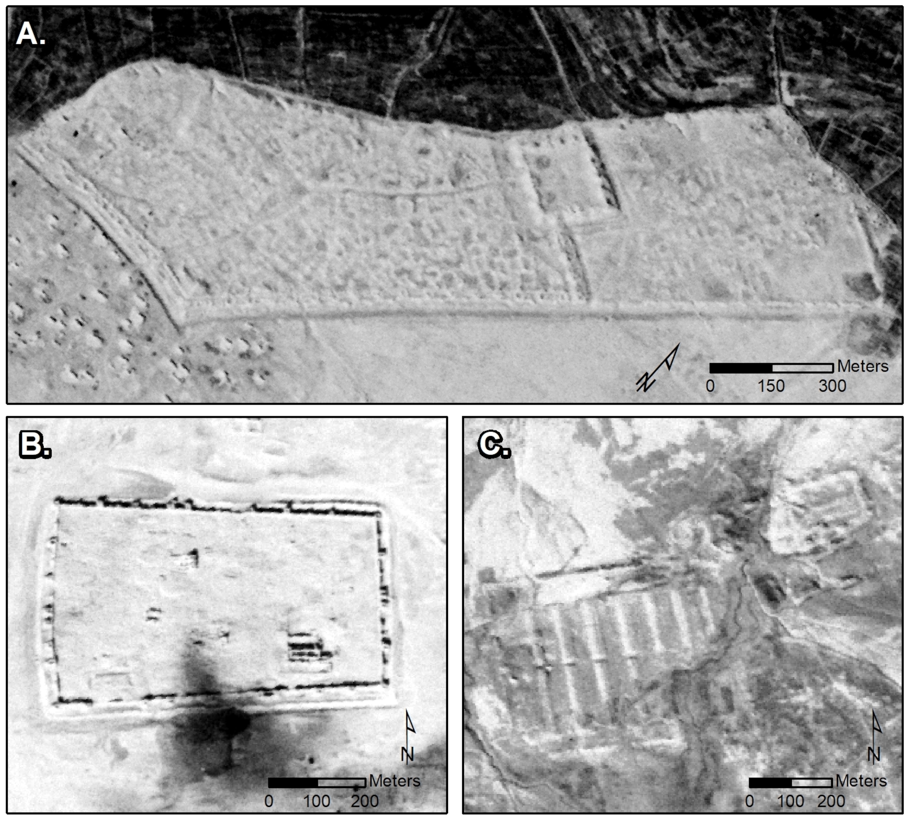 A wide view that shows details of forts in black and white.