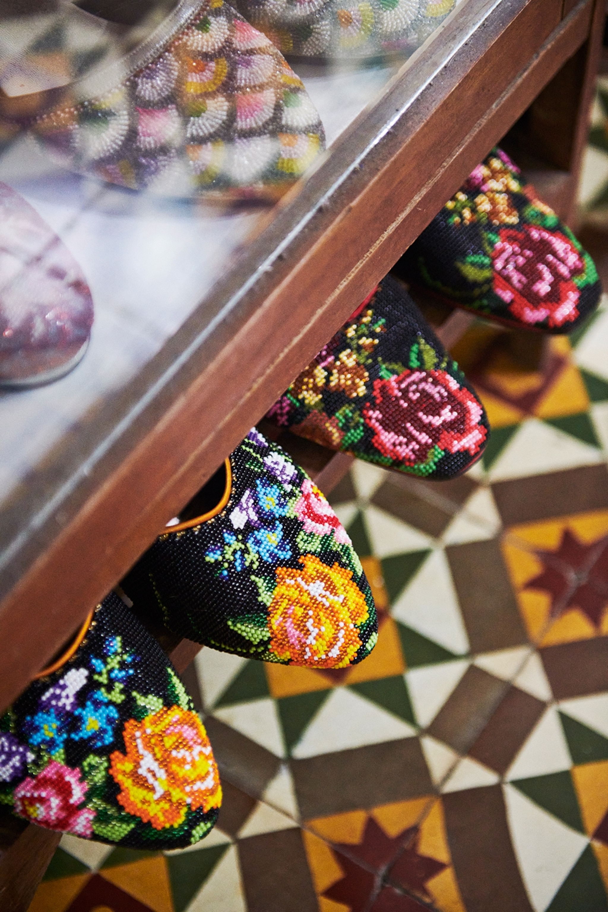 A close view of some traditional handmade ladies shoes in Thailand.
