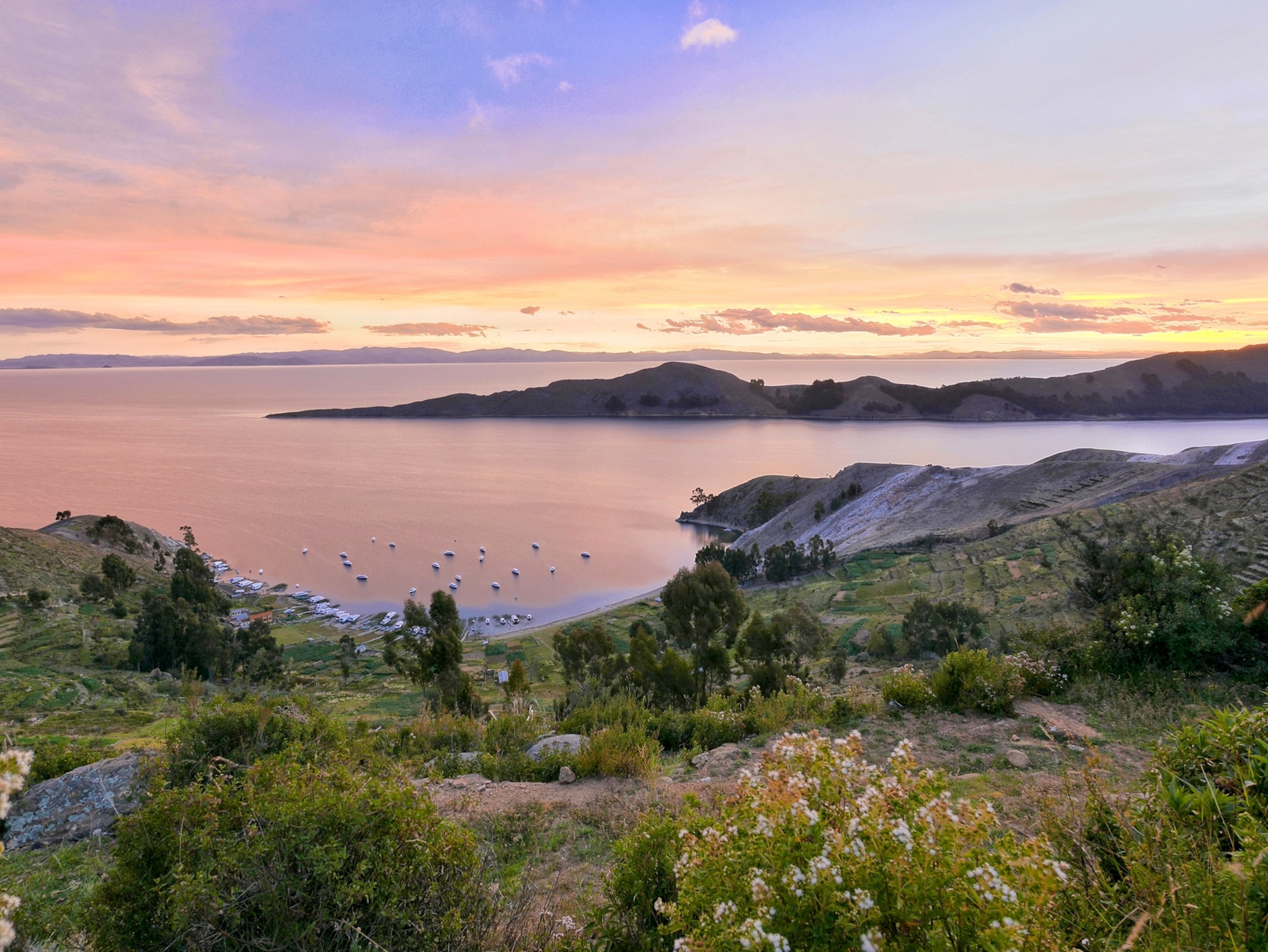 a sunset on Isla del Sol, in the southern part of Lake Titicaca, Bolivia