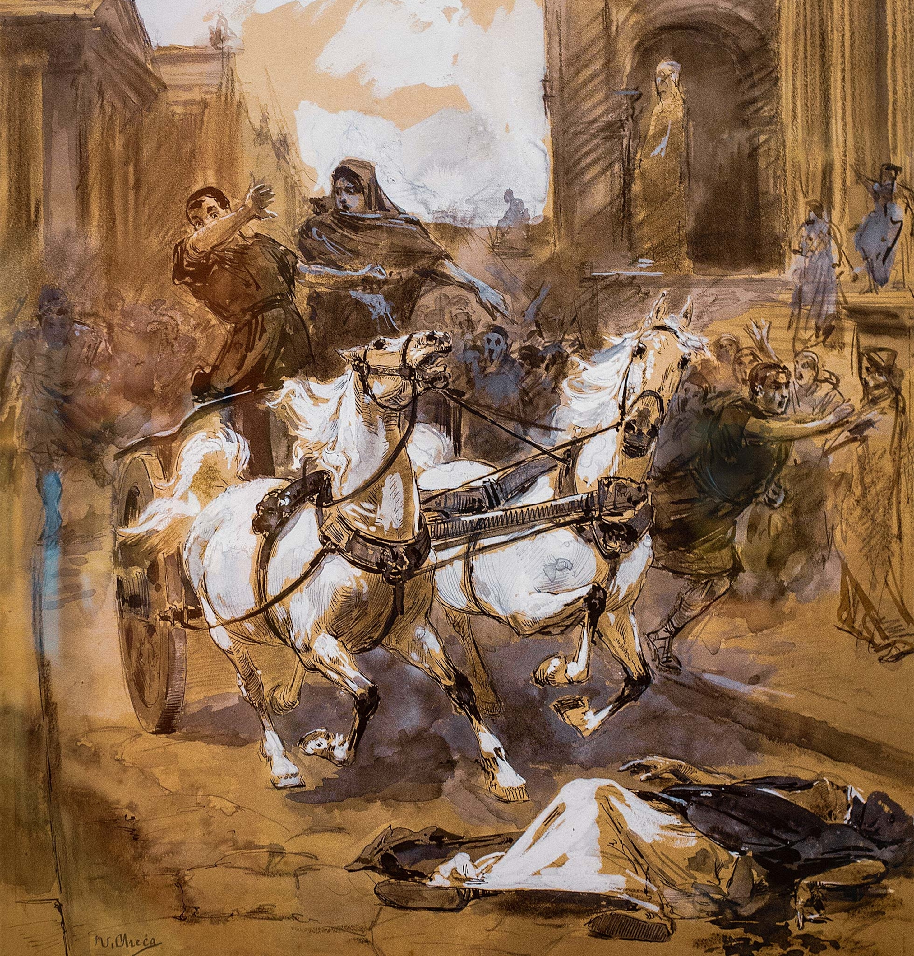 Tullia steers her chariot toward her father's dead body in this oil painting by Ulpiano Ceca.
