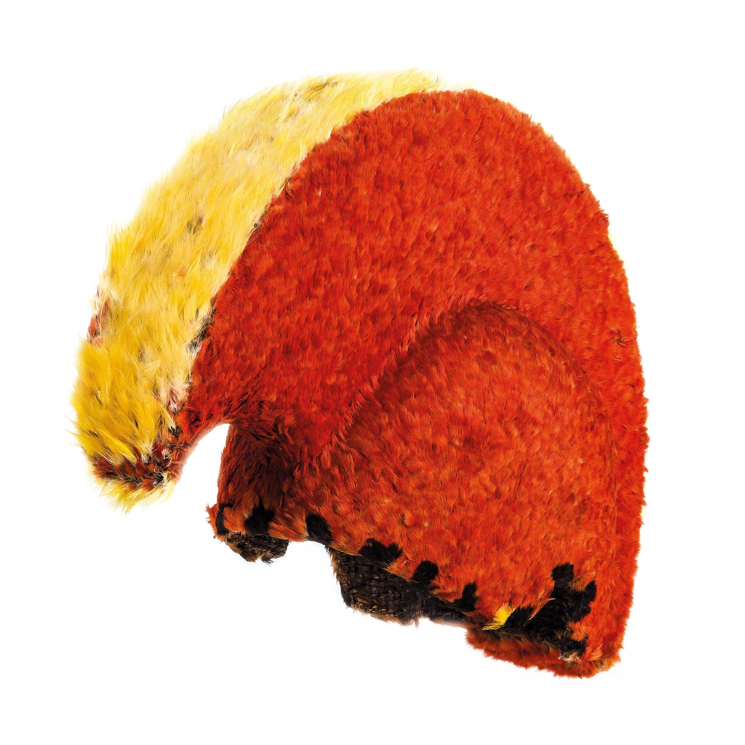 A red and yellow Hawaiian feather helmet