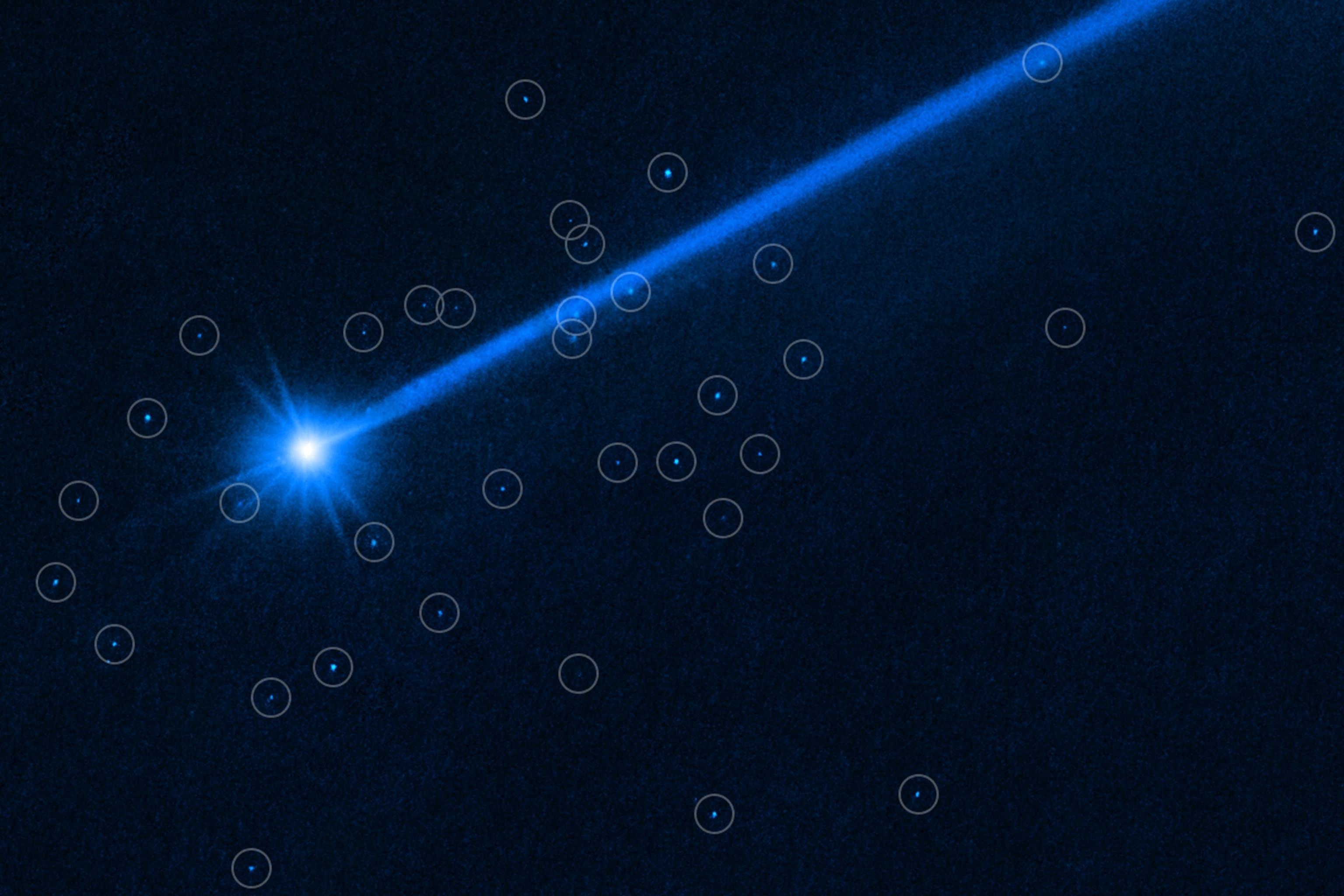 The asteroid Dimorphos surrounded by boulders (tiny bright dots, circled) that were knocked off of the asteroid’s surface