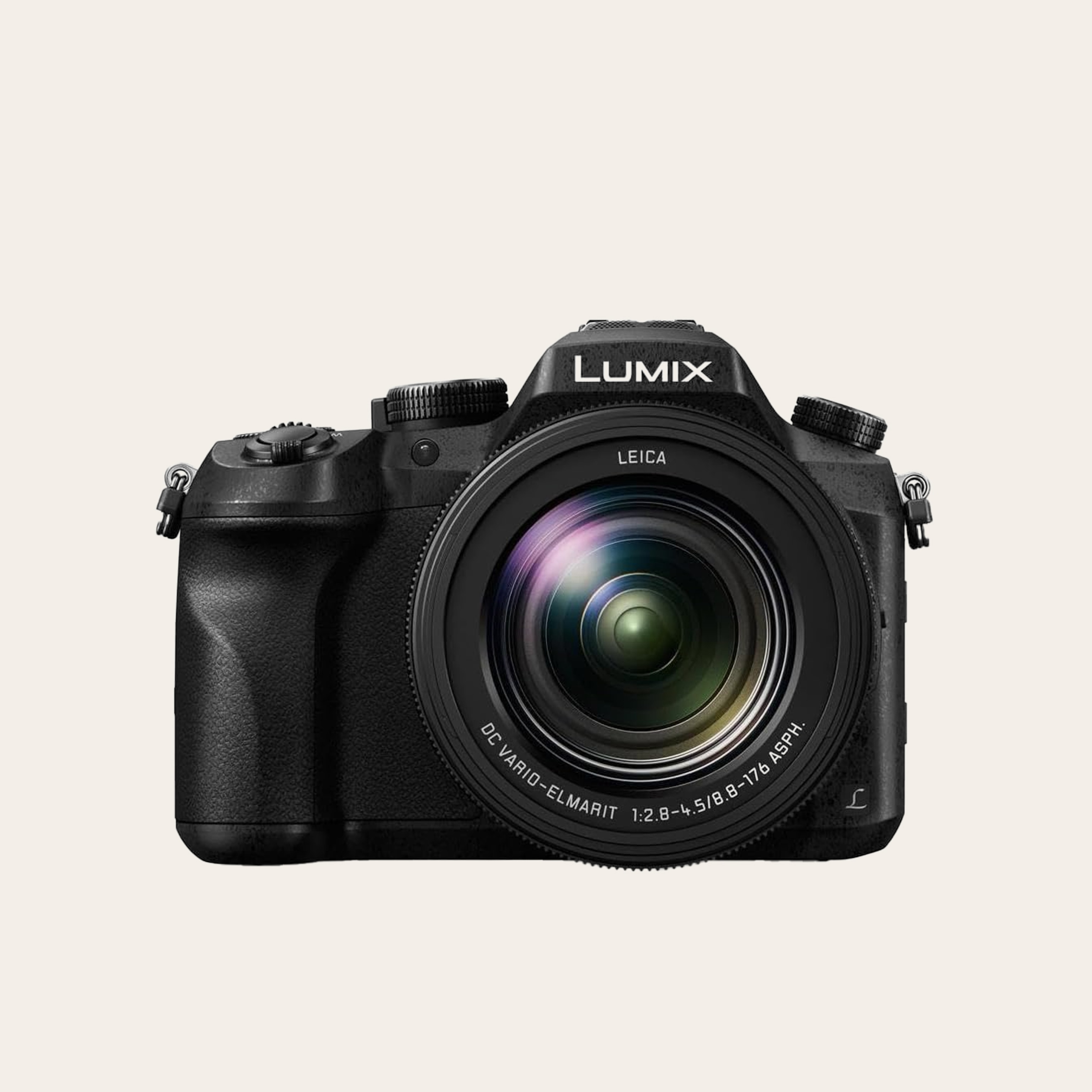 A large black camera body on a cream background