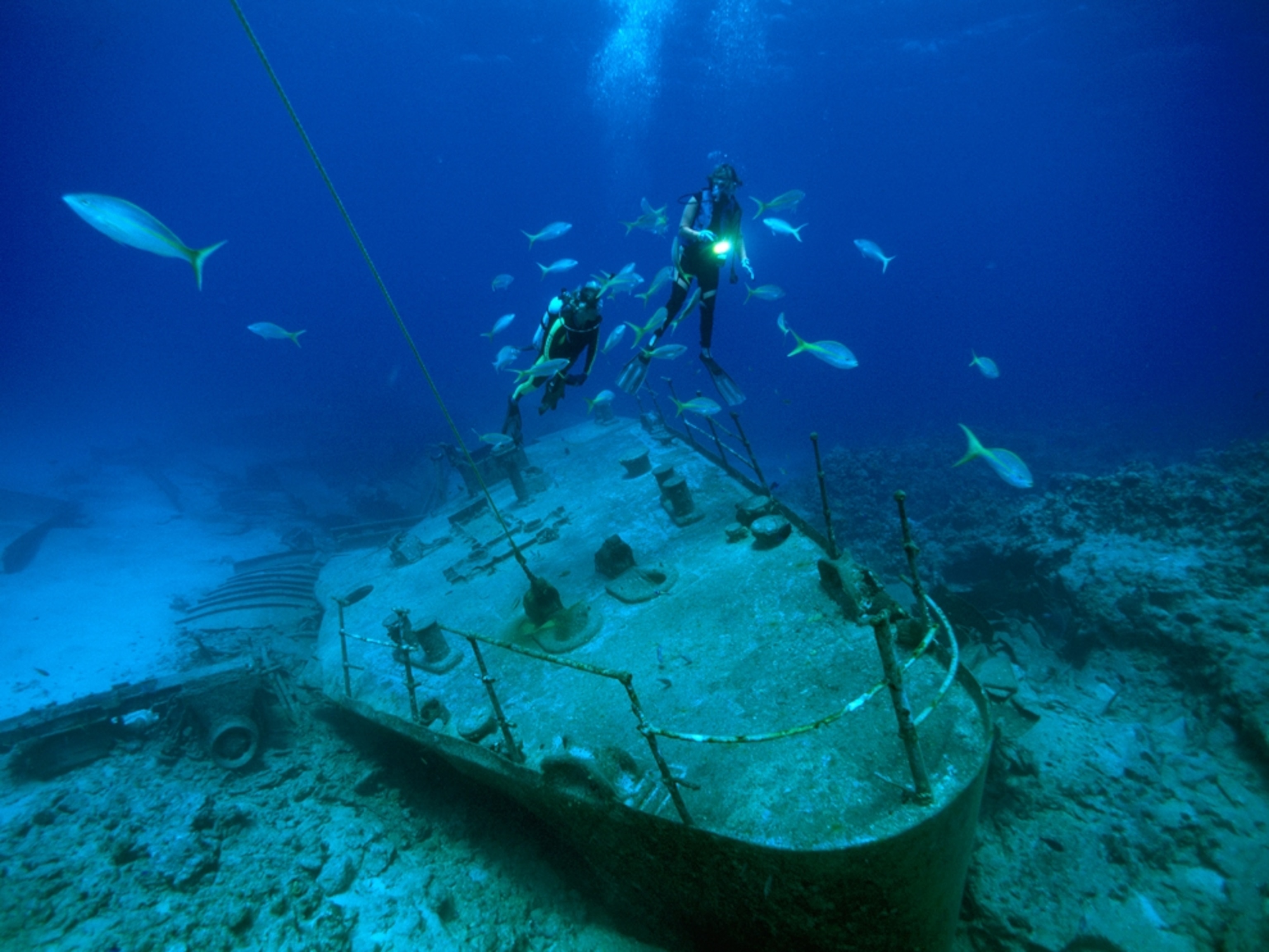 Divers exploring a shipwreck