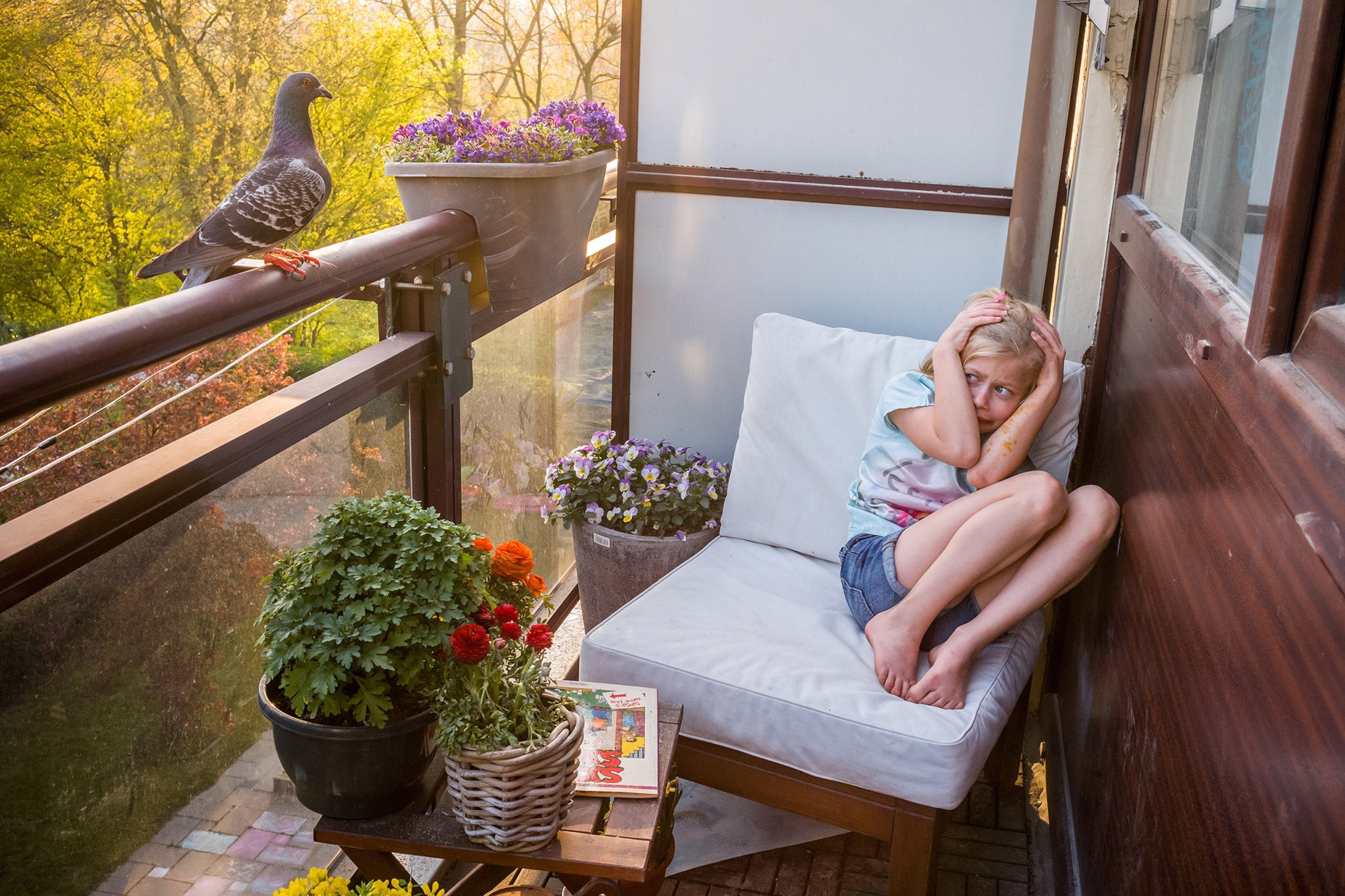 A young girl holds herself fearfully in the corner as a pigeon stands on and the ledge.