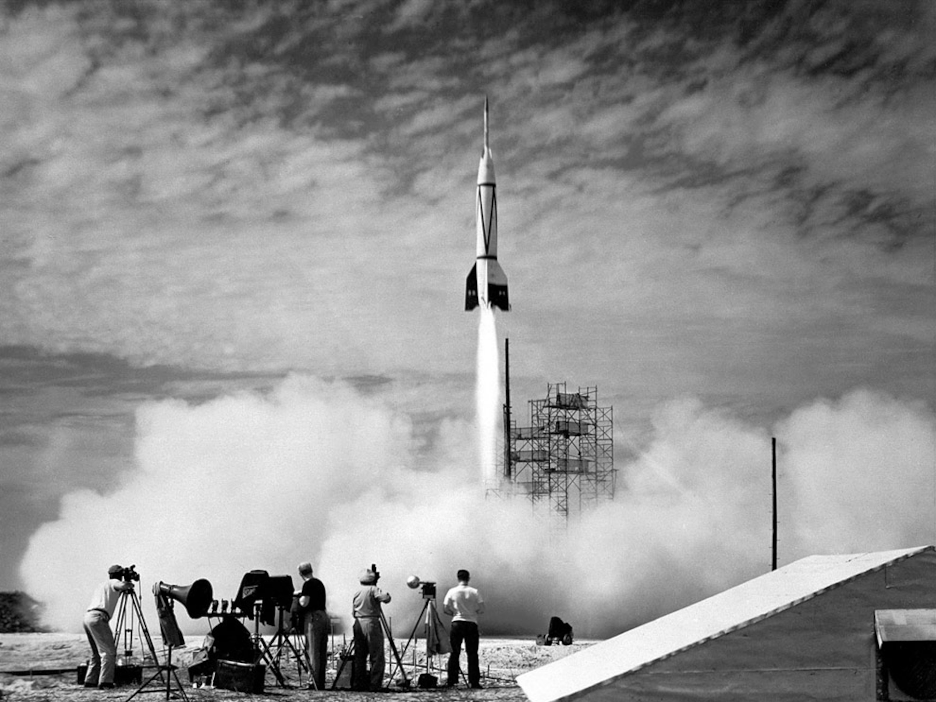 a film crew watching first Canaveral rocket launch