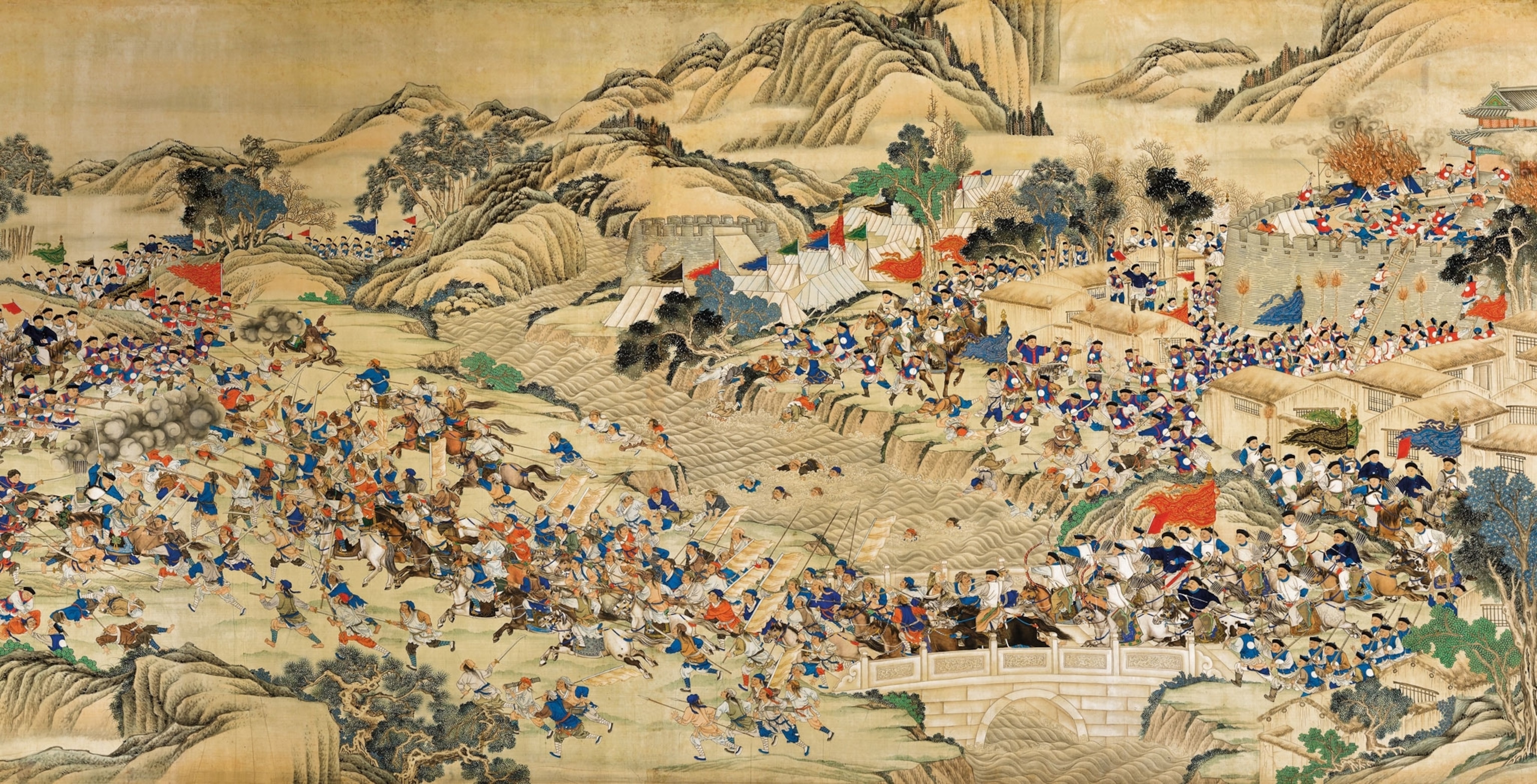 A painting of many soldiers attacking each other with spears and swords