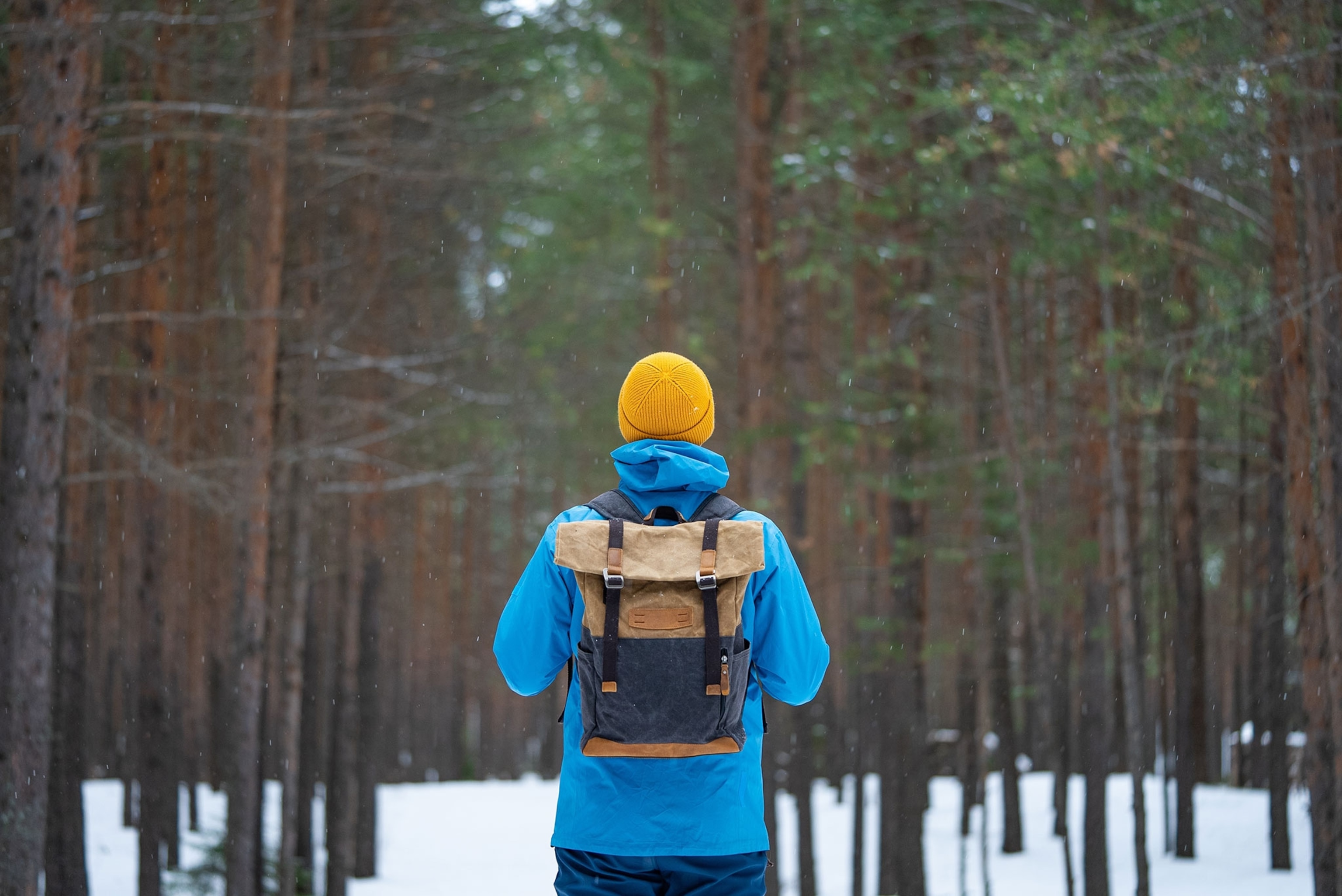 Person standing in snow covered forest in a blue jacket and yellow beanie hat wearing a tan and grey backpack.