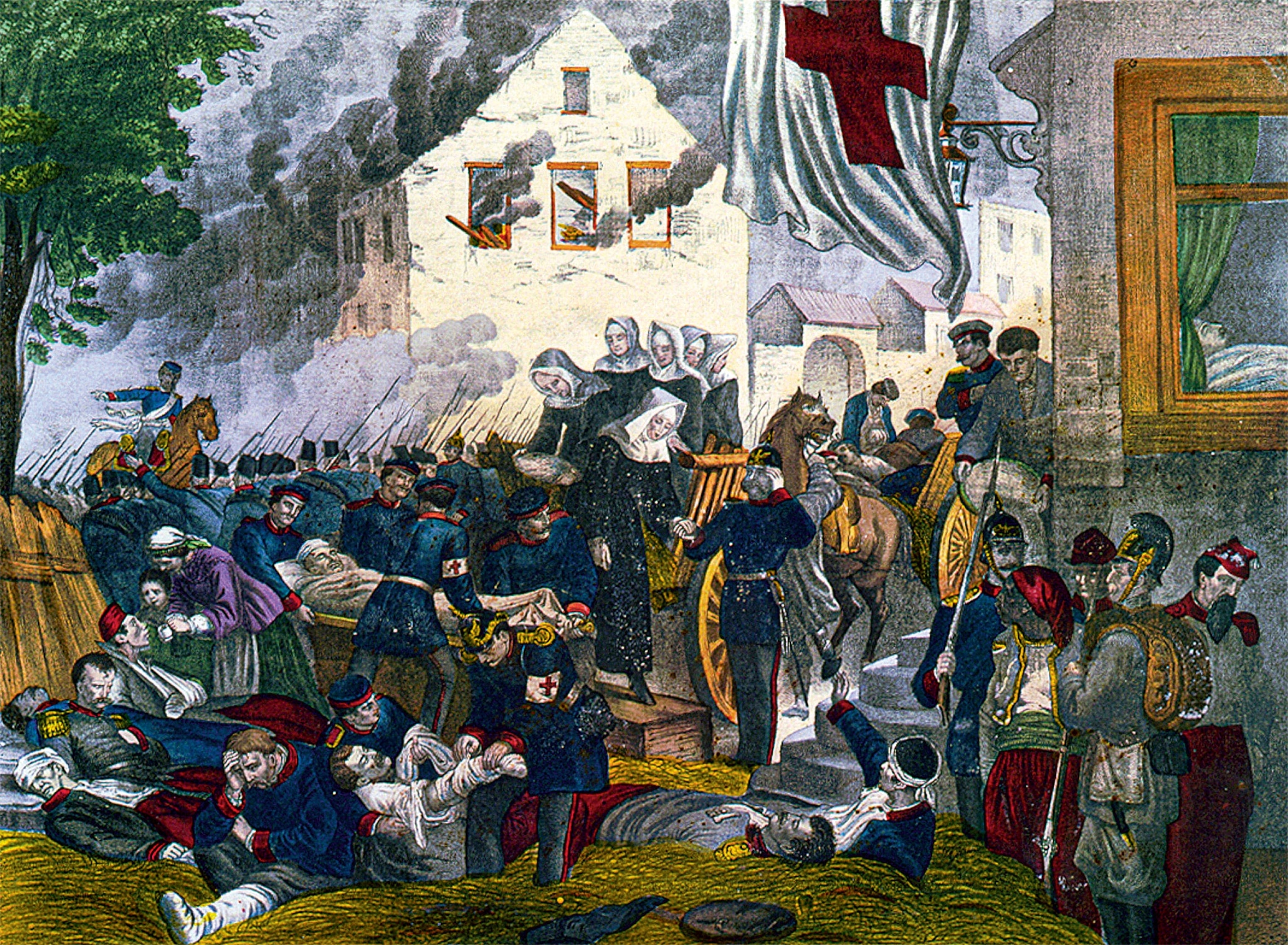 An illustration of nuns helping the wounded at a battle
