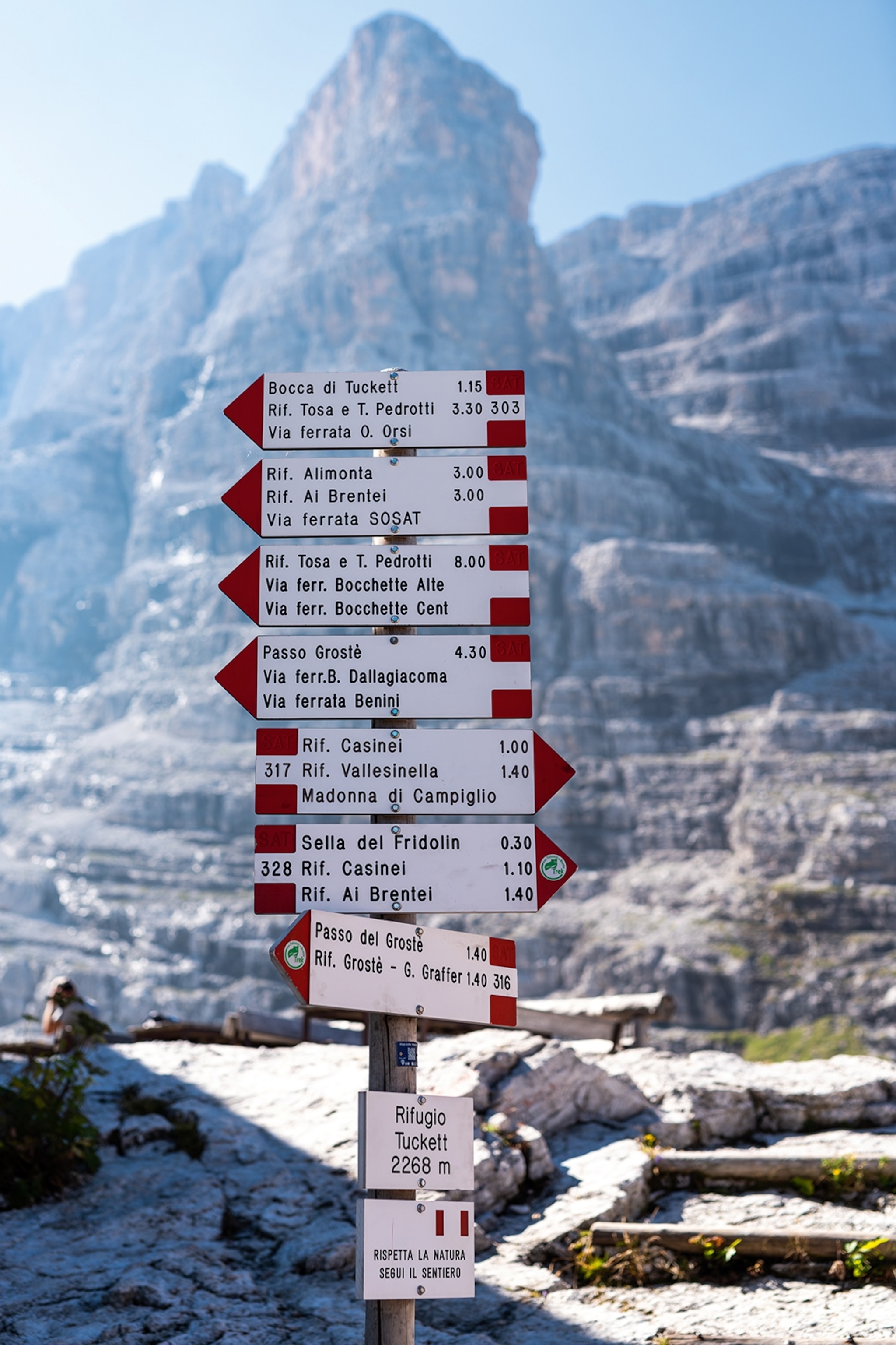 A signpost in the Dolomites with distances and directions