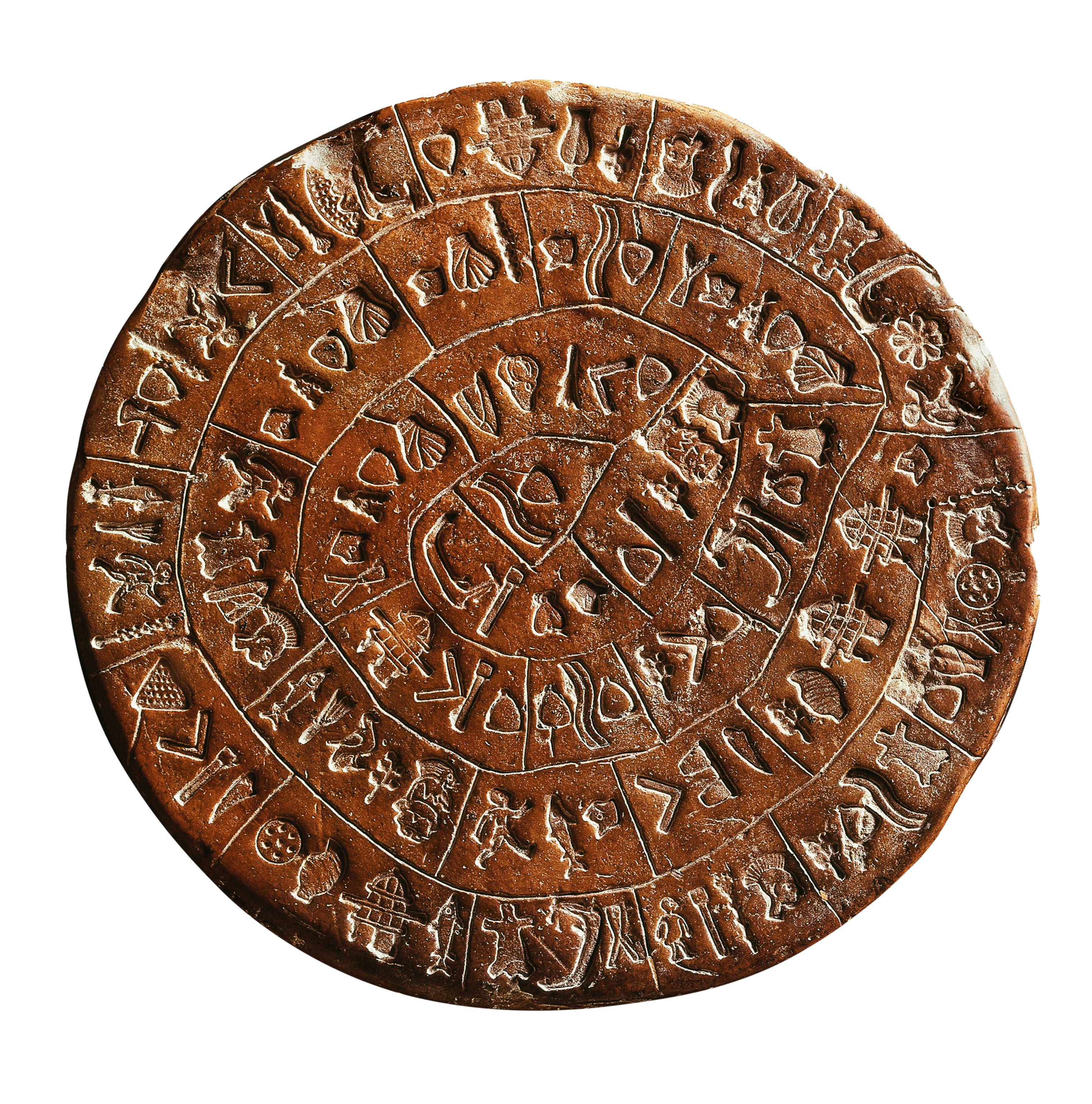 A brown claw disk inscribed with glyphs