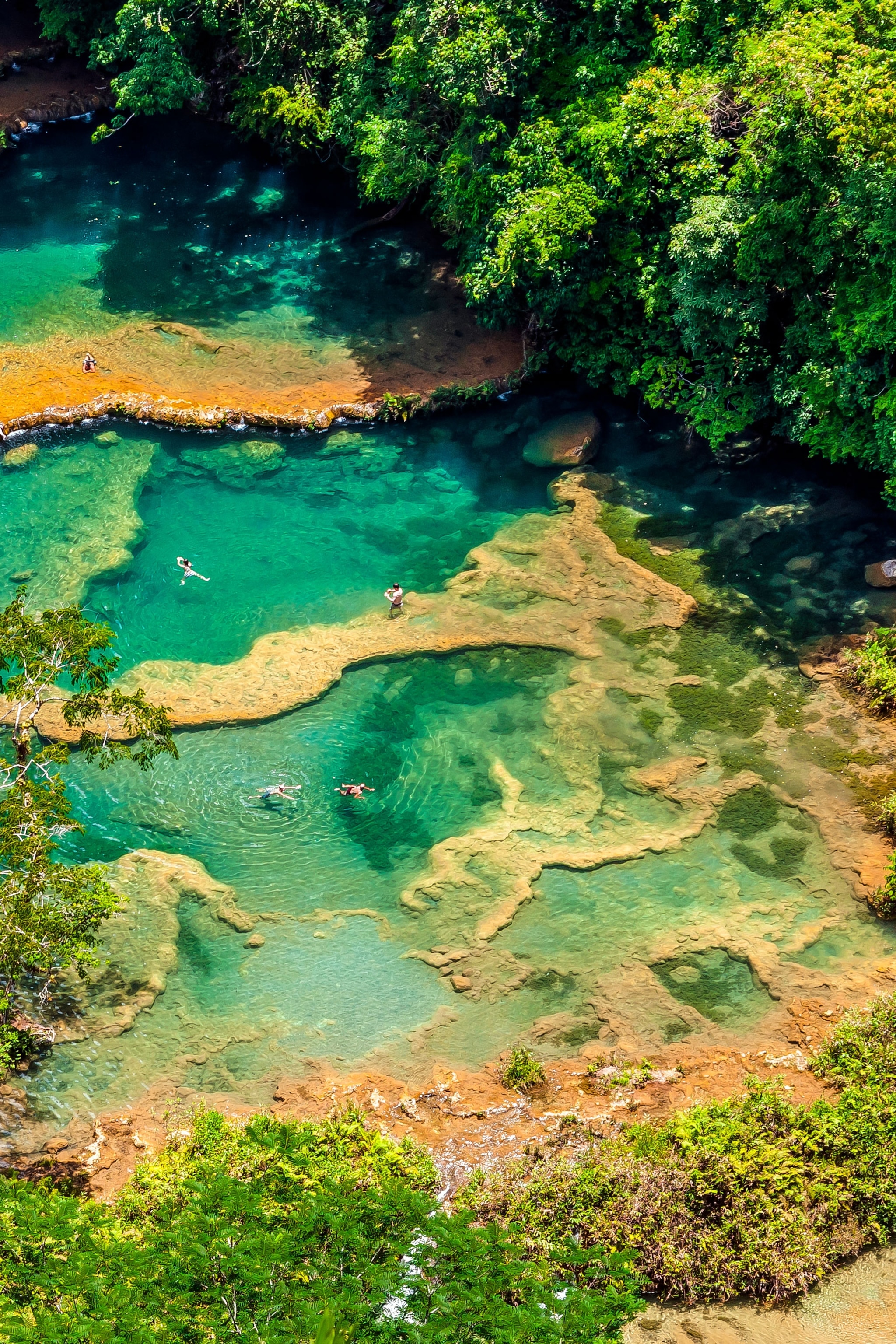Semuc Champey, a series of cascading natural pools with turquoise water and swimmers.