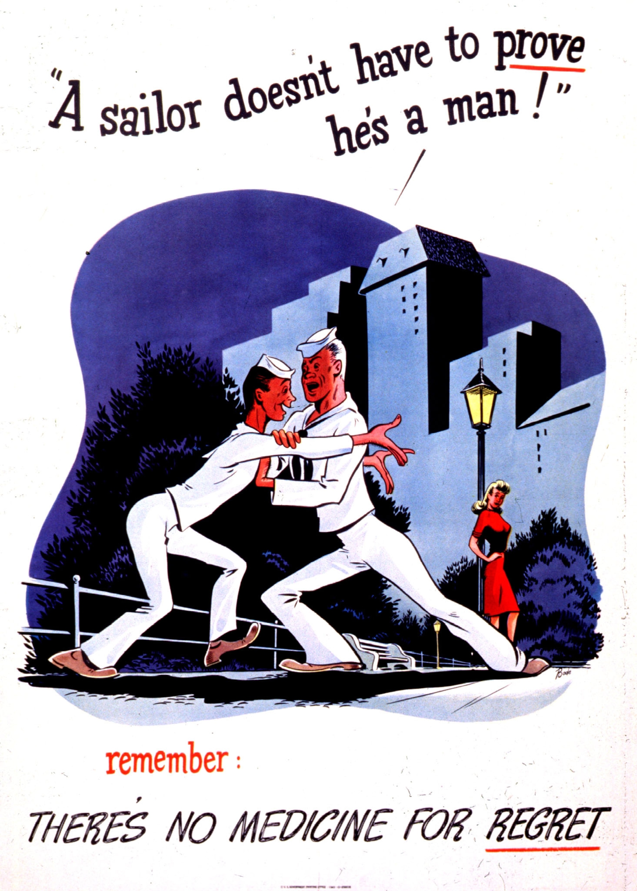 a drawing of a sailor being held back from the temptation of a woman in a red dress