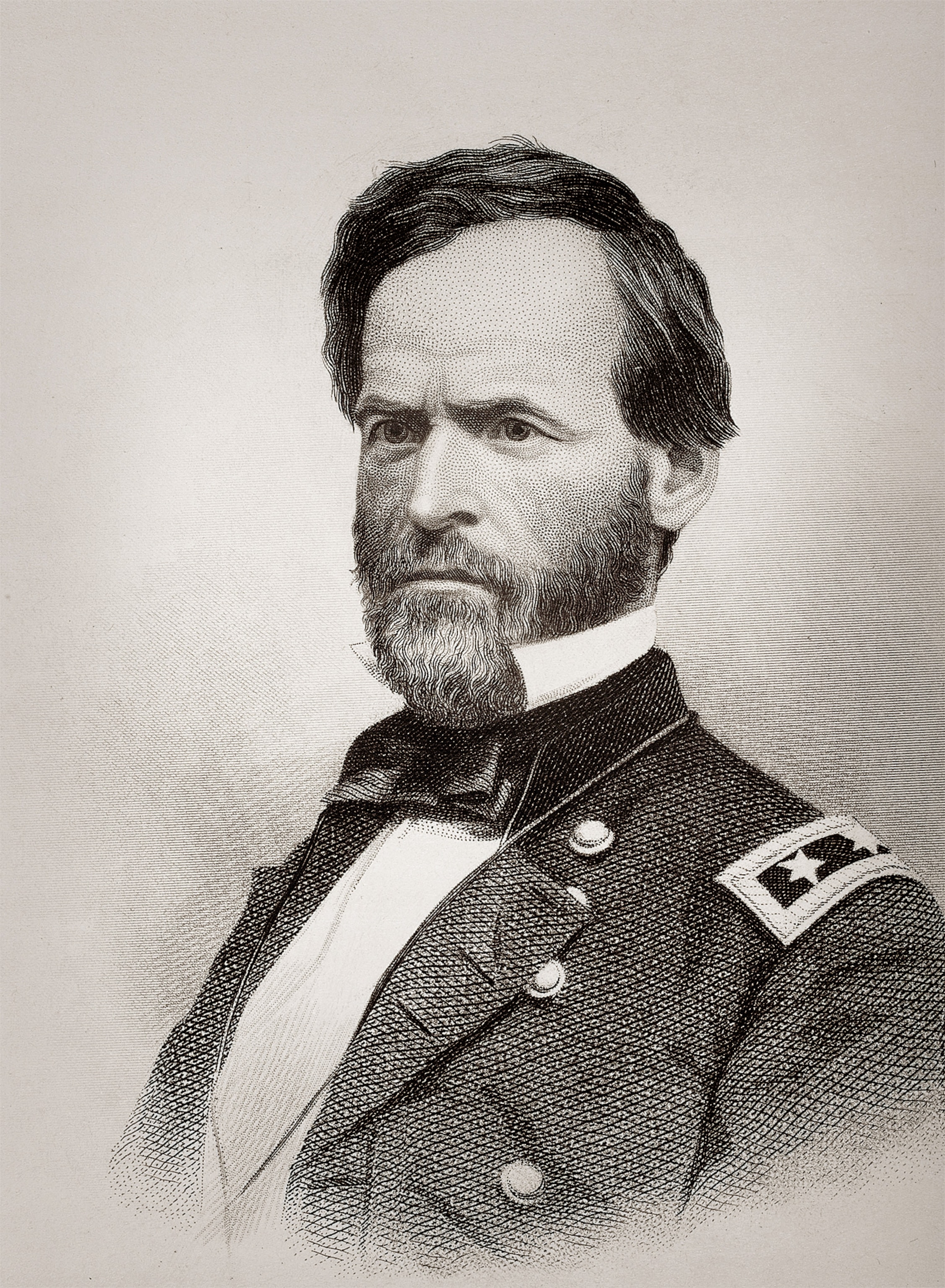 General Sherman remained in the military after the Civil War ended; he's pictured here in a black-and-white portrait photograph.