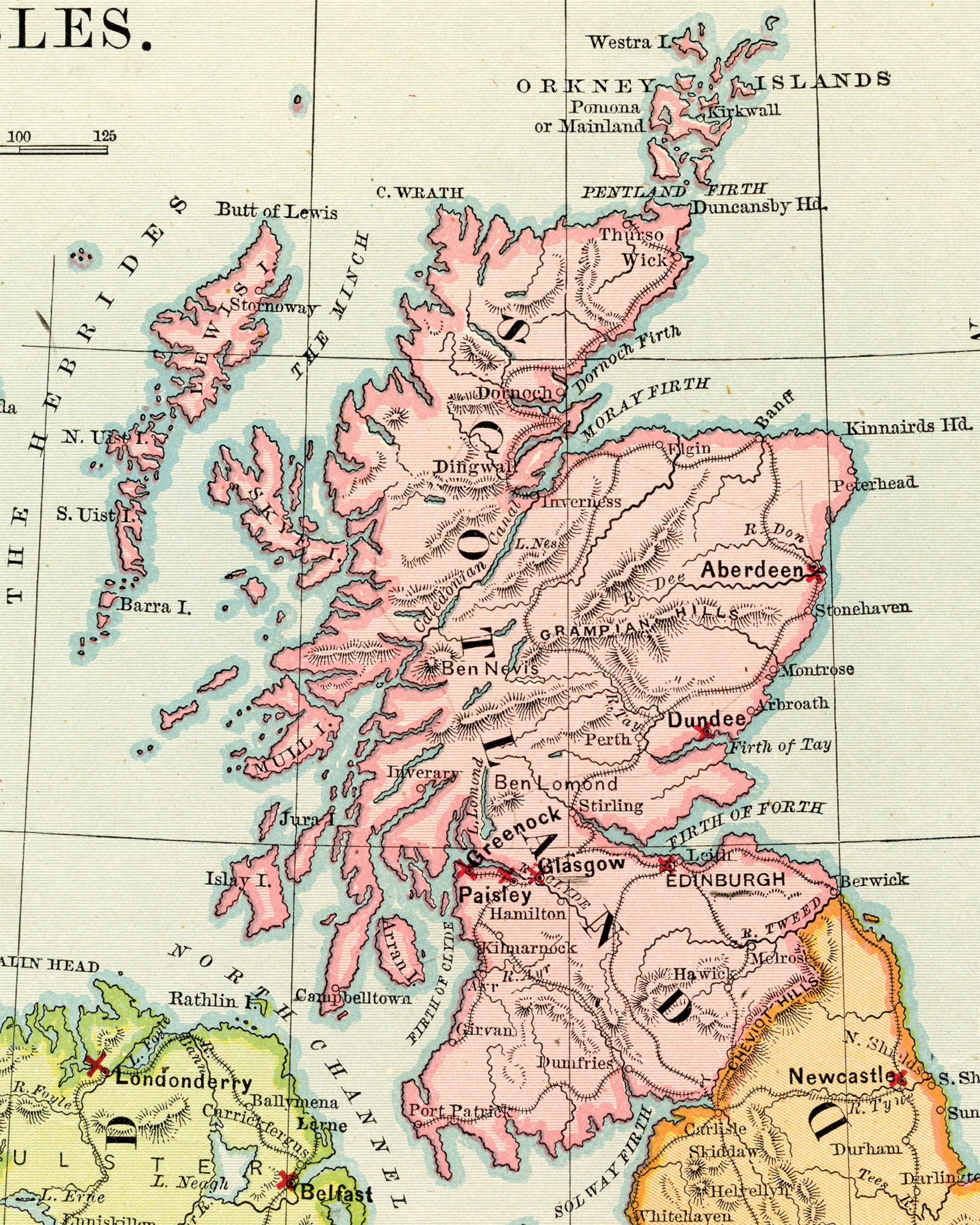 A map of Scotland, in pink, that includes the Great Glen diagonally cutting through the country