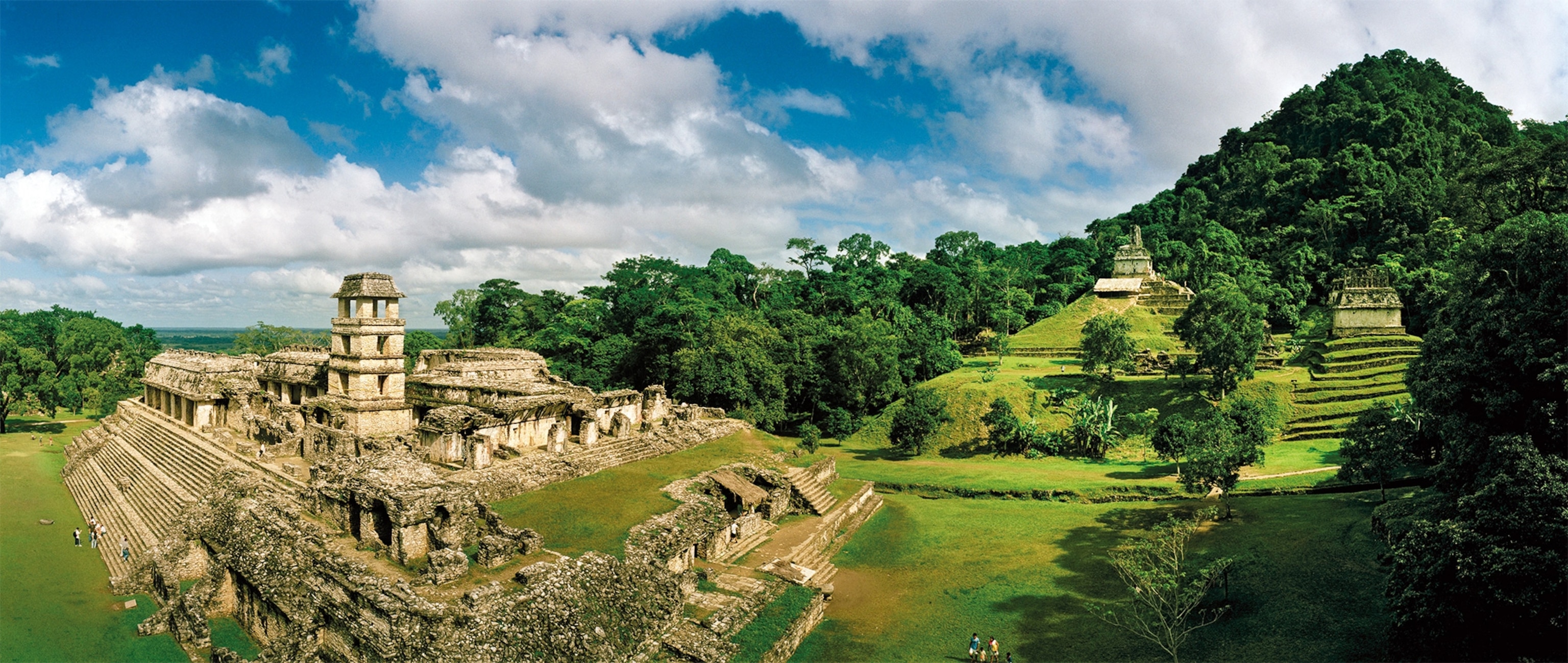 Looking over the lush expanses of Palenque, the Great Palace is distinguished by its sturdy watchtower on the left. The Temple of the Cross sits at the top of a long flight of steps.