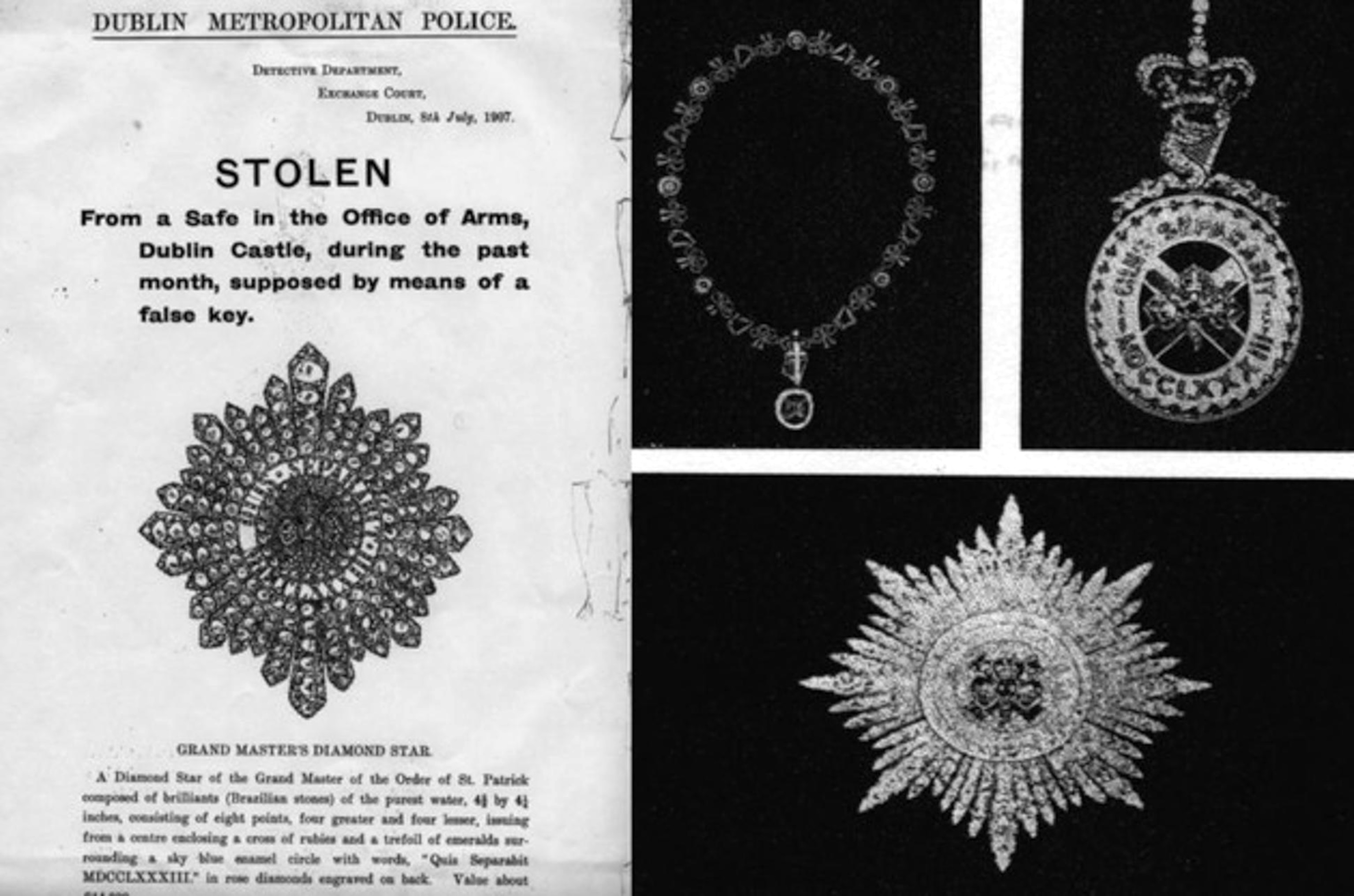 An 1907 depiction of three pieces of ceremonial jewelry on a police poster declaring them stolen from Dublin Castle.