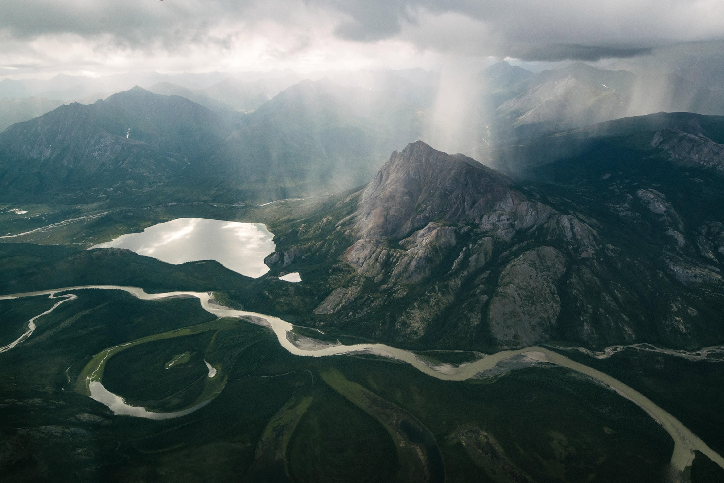 an aerial view of the river valley in Gates of the Arctic National Park