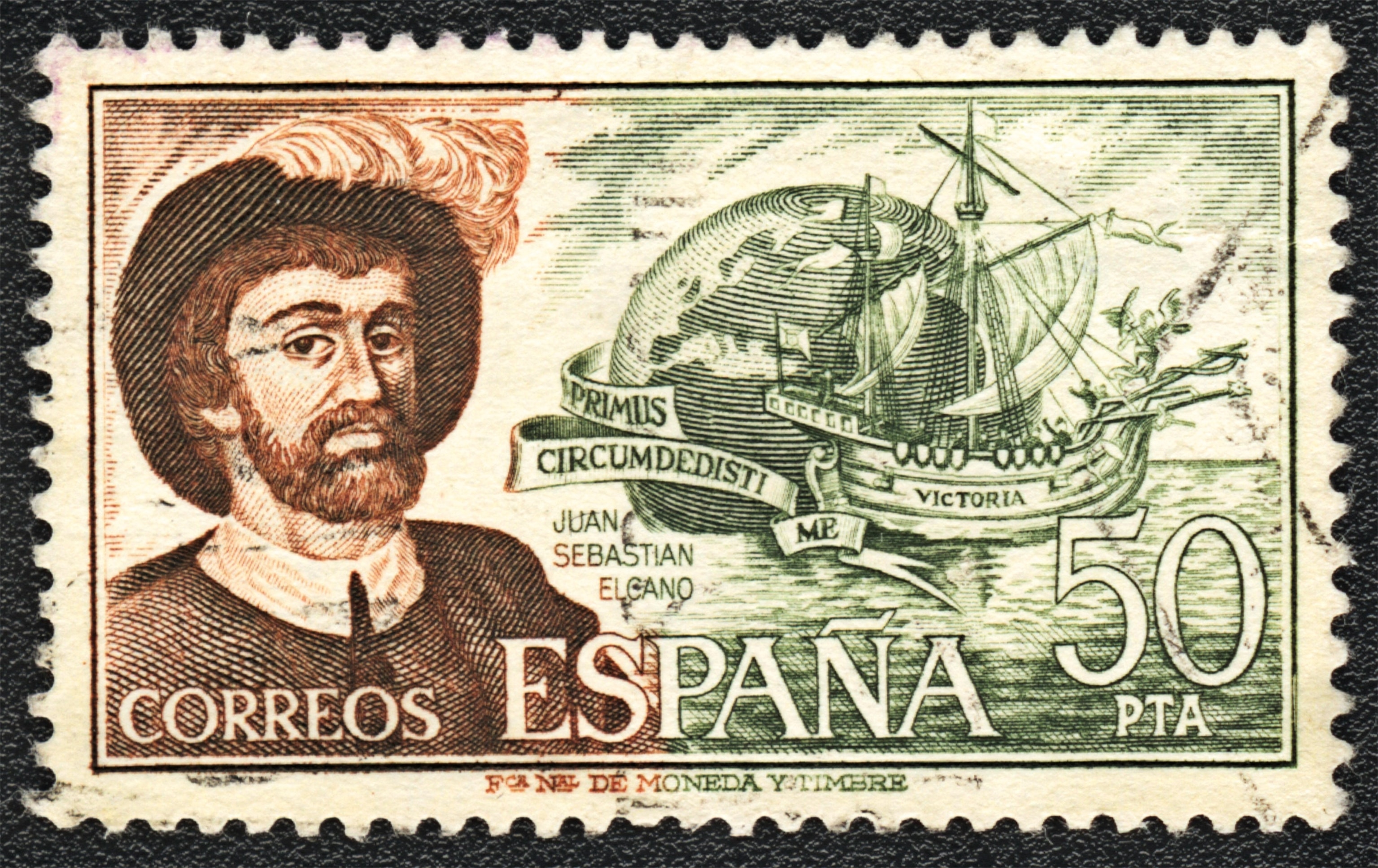 J.S. Elcano and his ship "Victoria" are celebrated on this postage stamp issued by Spain in the late 1970s.