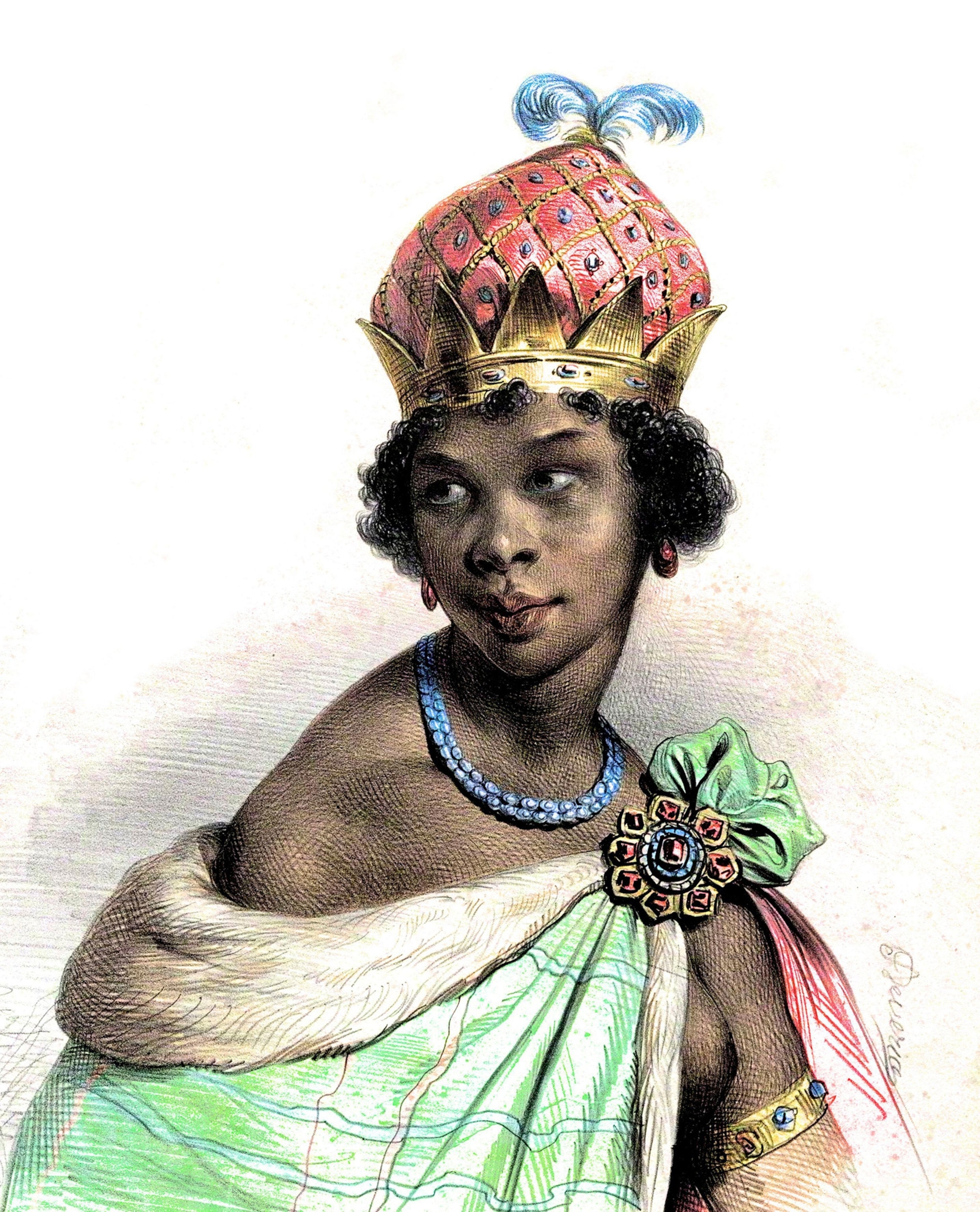 An 1830s hand-colored lithograph shows a portrait of the leader of the Ambundu Kingdoms of Ndongo and Matamba, Queen Nzingha Mbande.