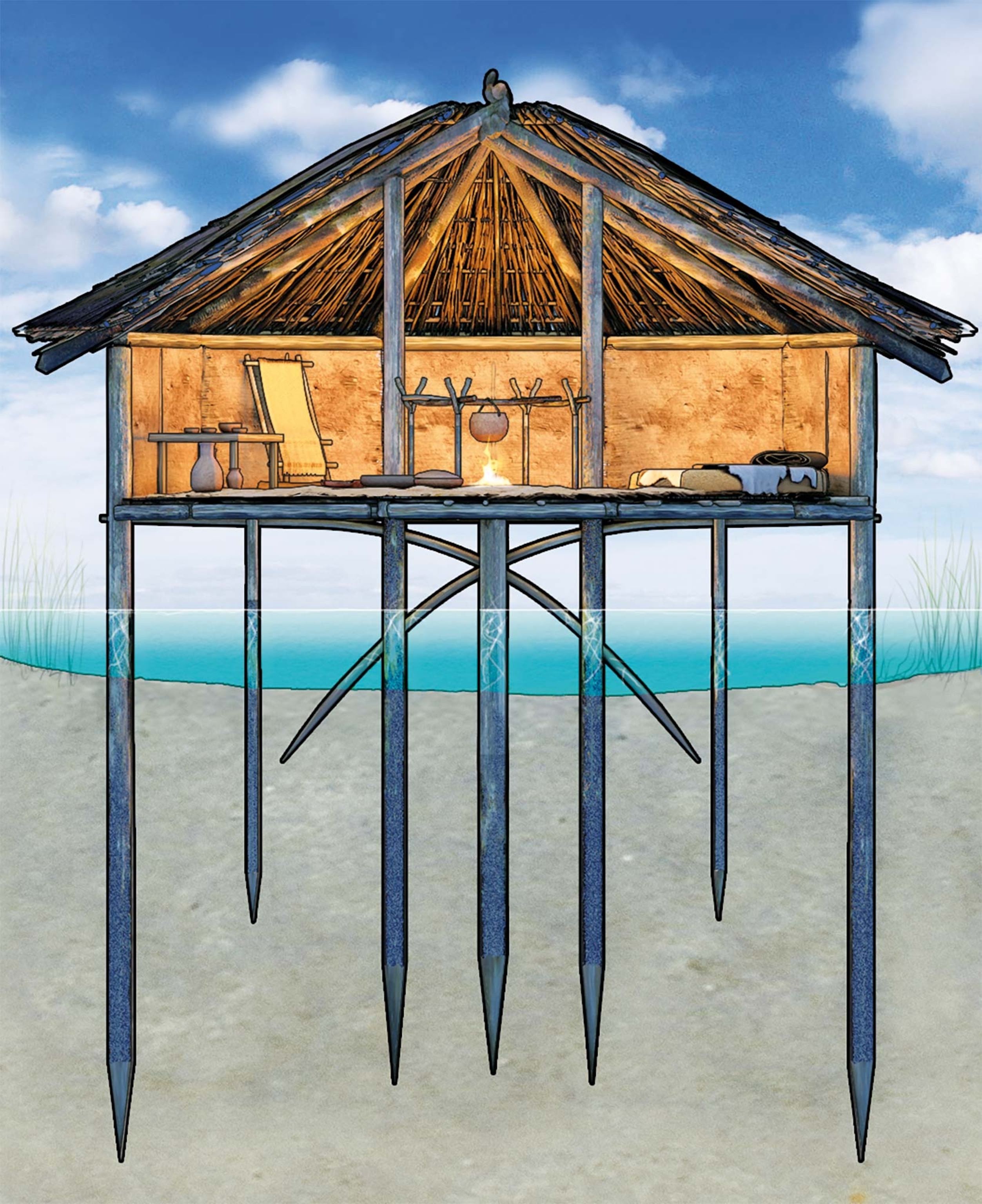 A reconstruction of one of the pile dwellings from the Must Farm settlement.
