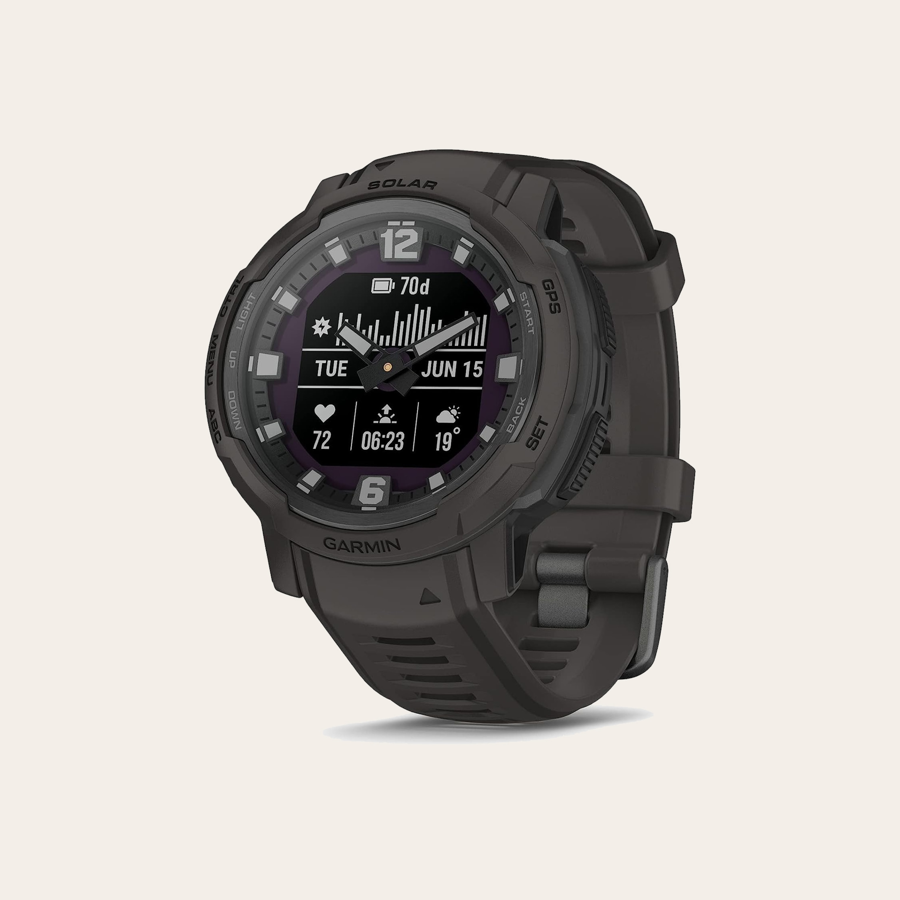 A black watch on a cream background