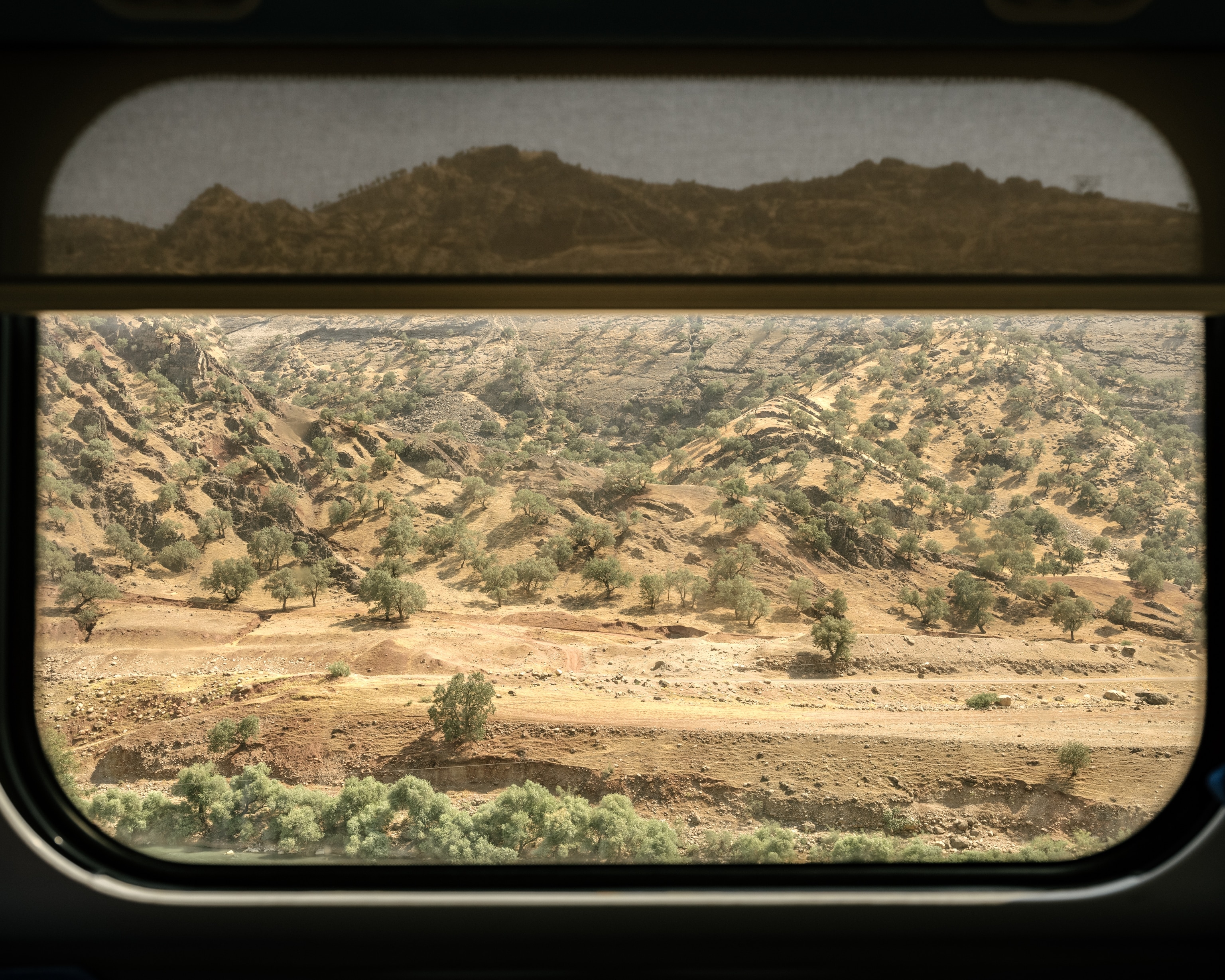 View out the train window of the Zagros Mountain range