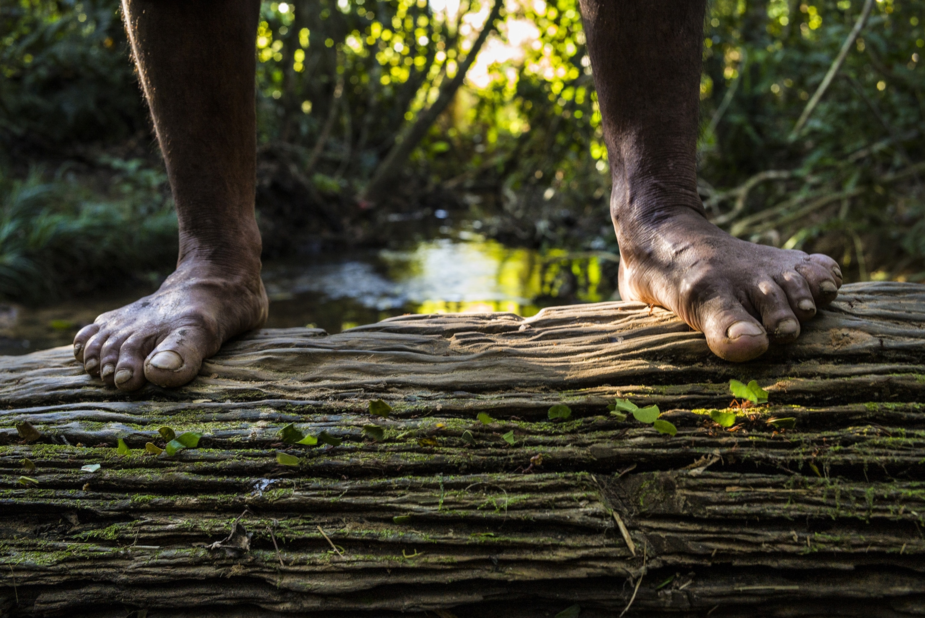 the feet of a member of the Mashco-Piro tribe in Manu National Park in Peru