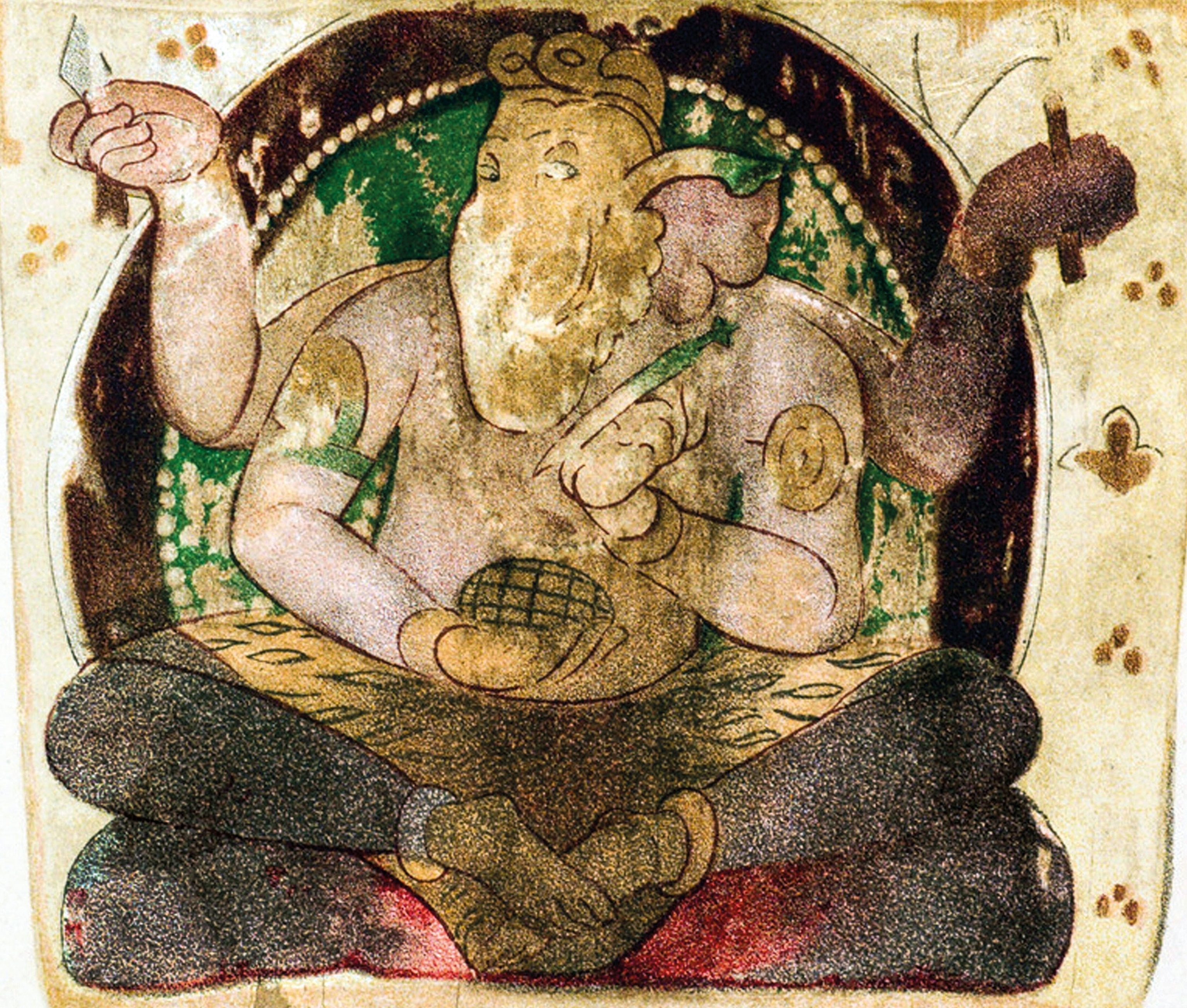 A person with an elephant like head and 2 sets of legs and arms sit in a painting