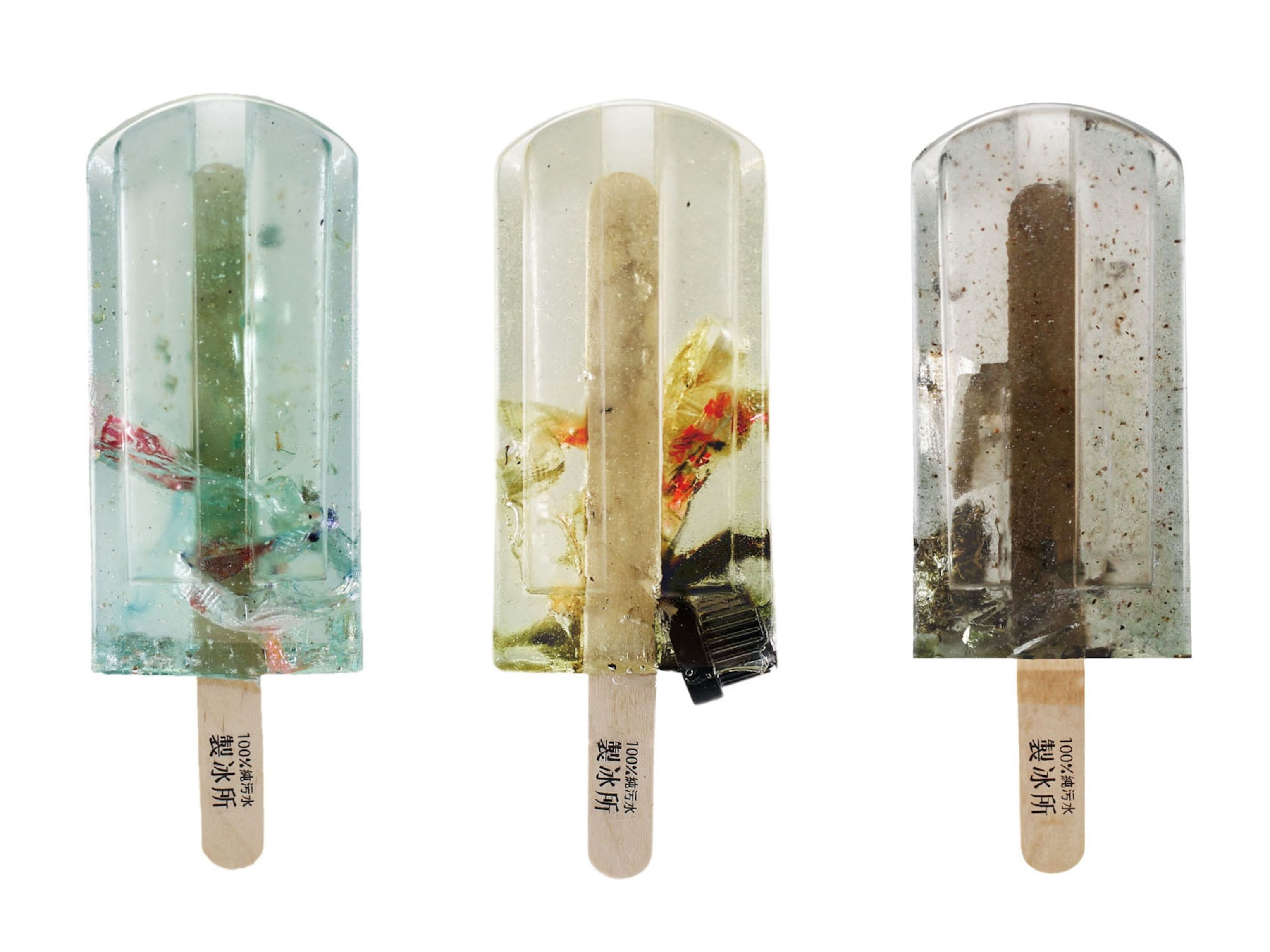 three ice pops filled with trash
