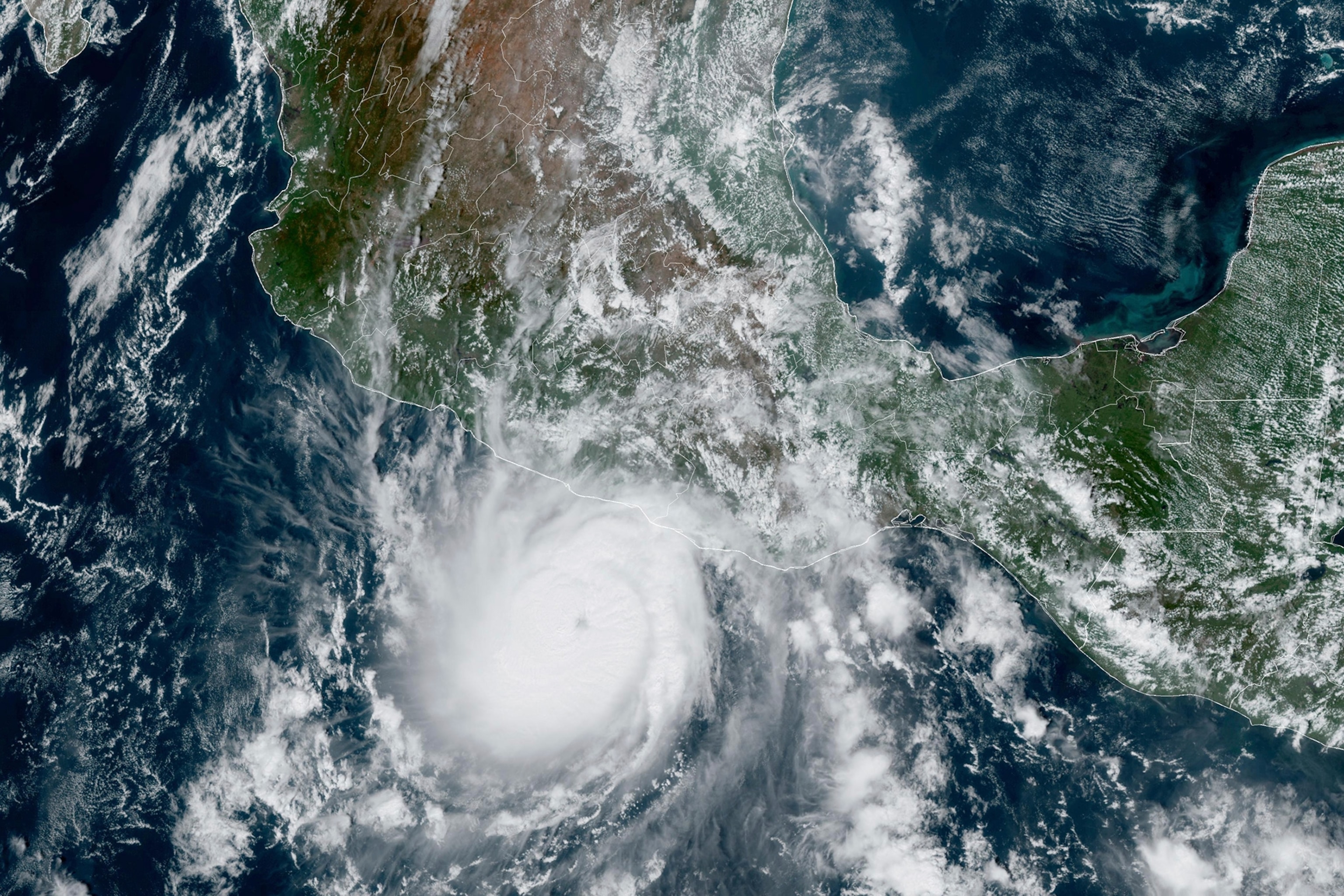 A satellite image showing Hurricane Otis approaching Mexico's Pacific coast near Acapulco.