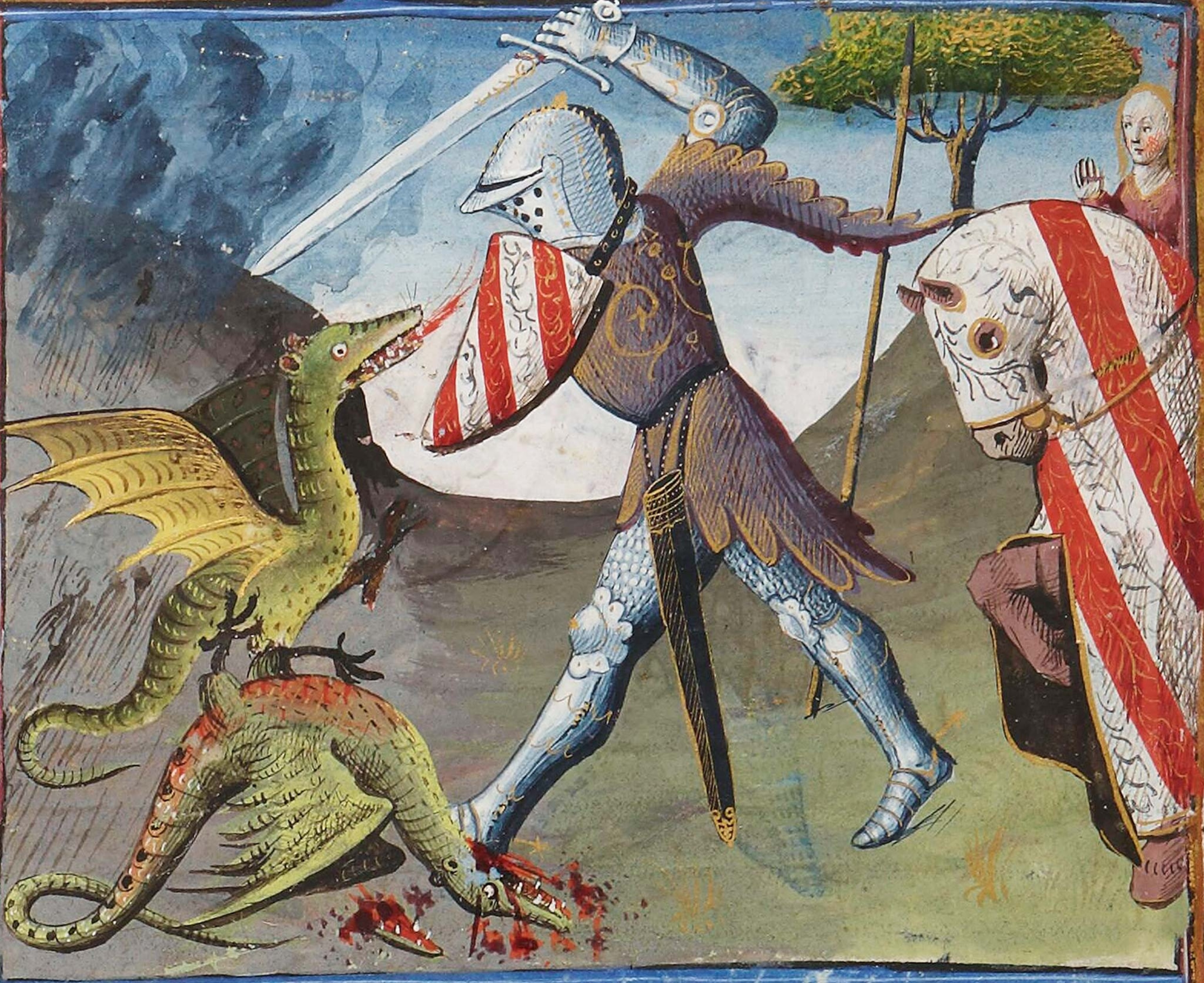 Sir Lancelot slays two small winged dragons guarding a valley