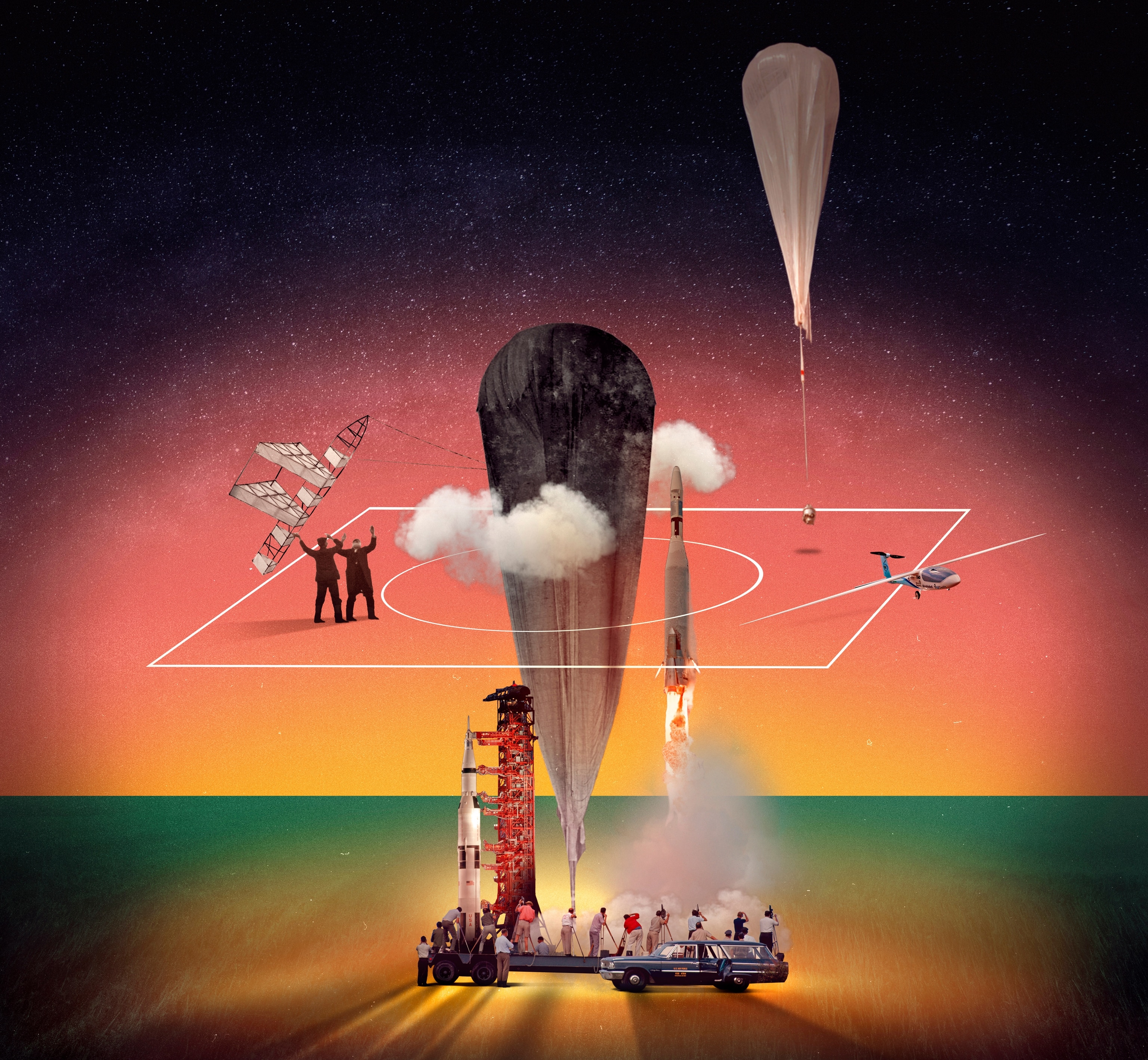 Collage created from photos of people, rockets and balloons.